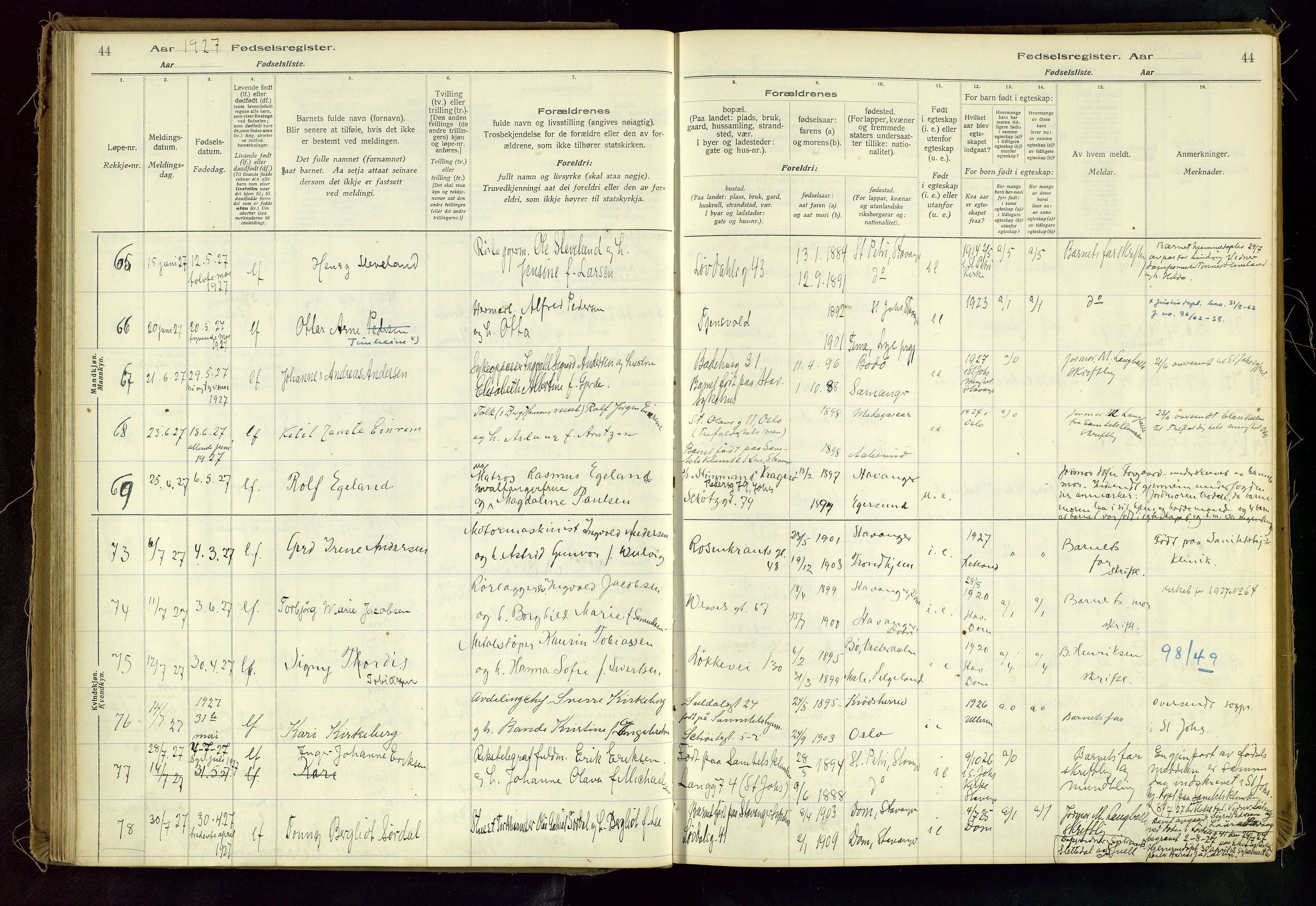 Domkirken sokneprestkontor, AV/SAST-A-101812/002/A/L0001: Fødselsregister nr. 1, 1925-1932, s. 44