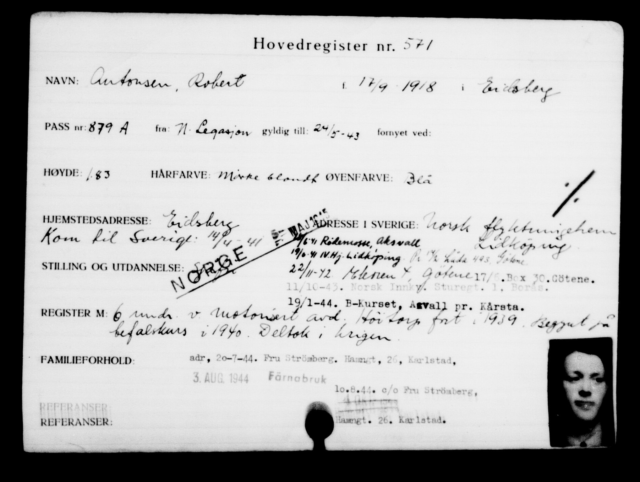 Utenriksstasjonene, Legasjonen i Stockholm, Flyktningkontoret, AV/RA-S-6753/V/Va/L0001: Kjesäterkartoteket, flyktninger med registreringsnr. 1-1000, 1940-1945, s. 888