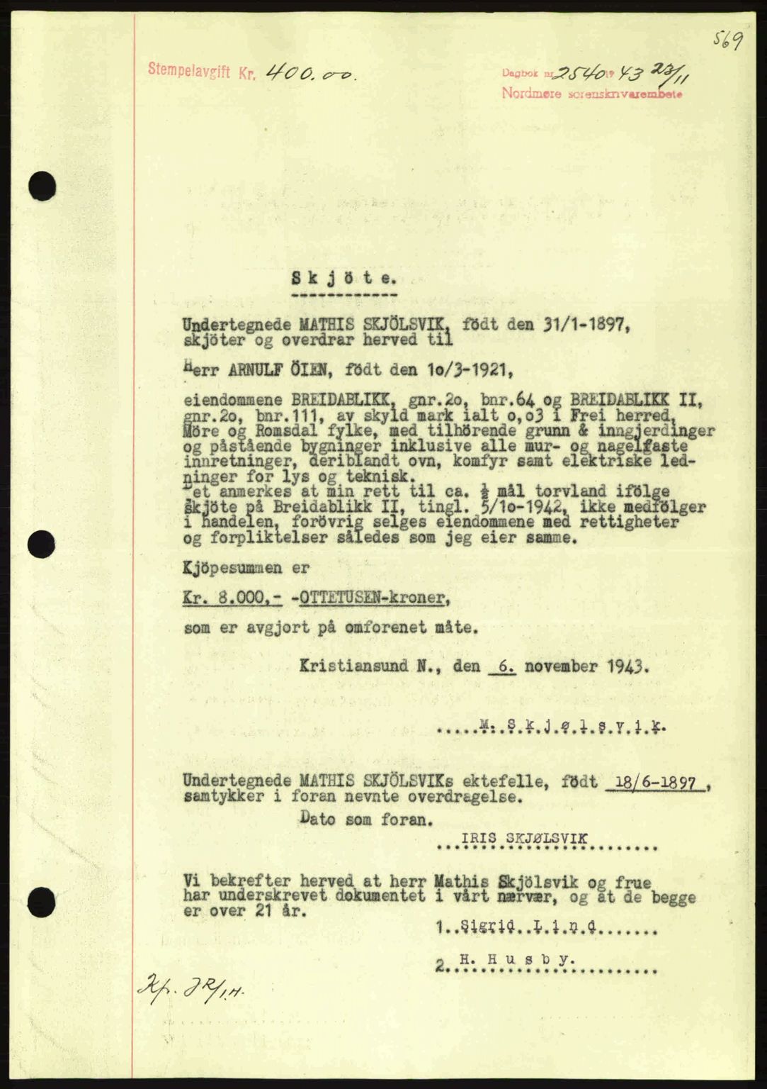 Nordmøre sorenskriveri, SAT/A-4132/1/2/2Ca: Pantebok nr. A96, 1943-1944, Dagboknr: 2540/1943