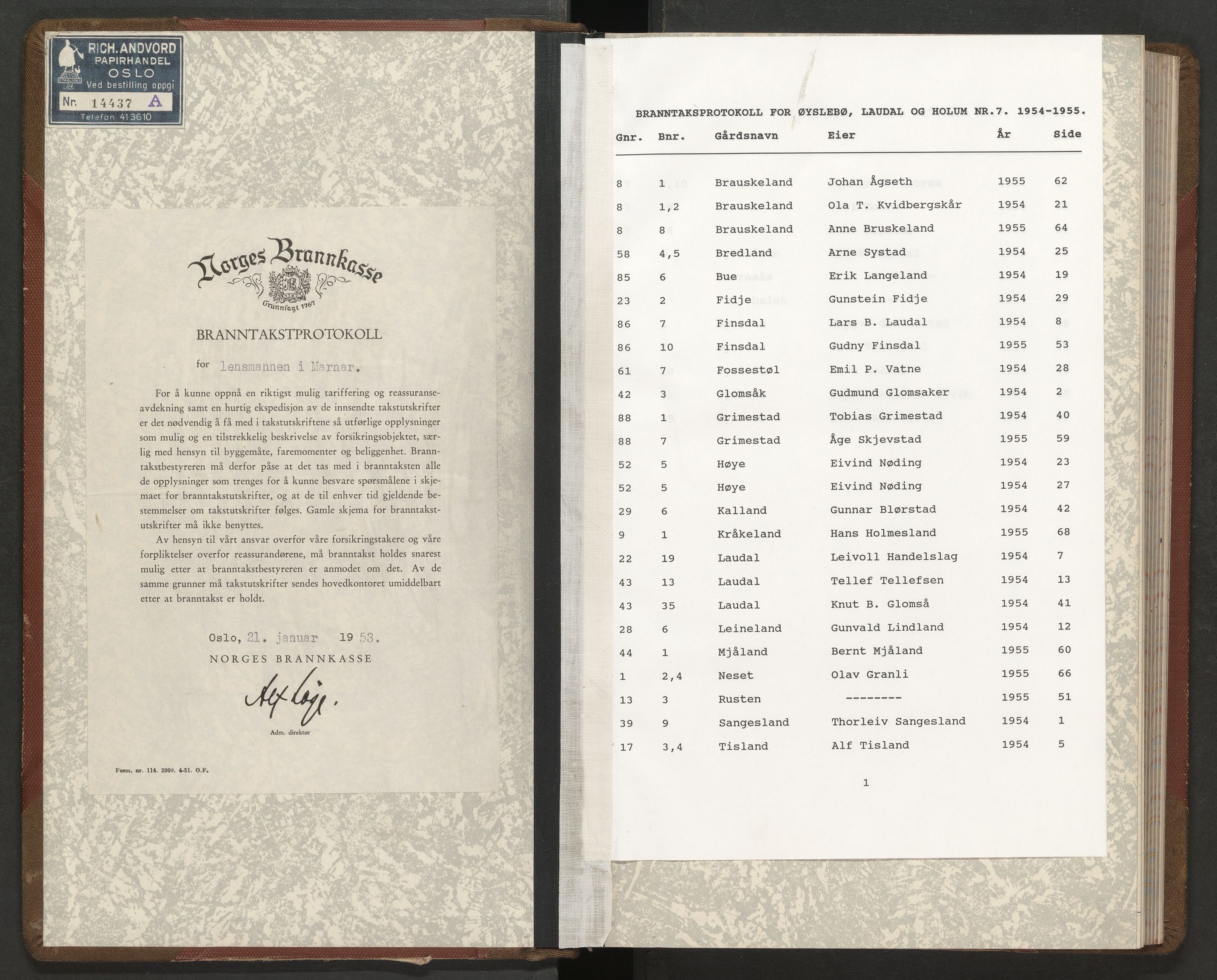 Norges Brannkasse Øyslebø og Laudal, SAK/2241-0060/F/Fa/L0007: Branntakstprotokoll nr. 7 for Øyslebø, Laudal og Holum med gårdsnavnregister, 1954-1955