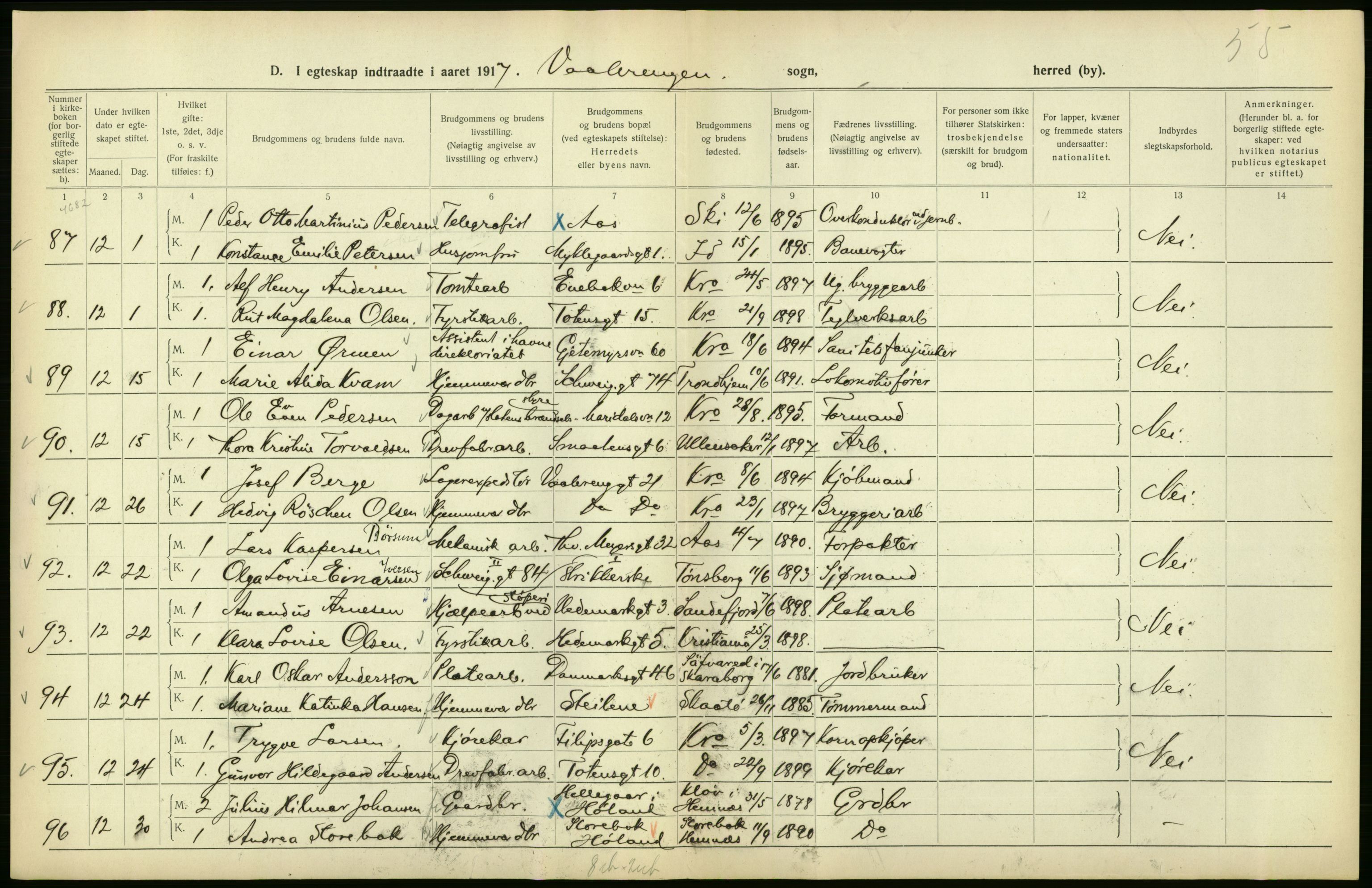 Statistisk sentralbyrå, Sosiodemografiske emner, Befolkning, AV/RA-S-2228/D/Df/Dfb/Dfbg/L0009: Kristiania: Gifte, 1917, s. 98