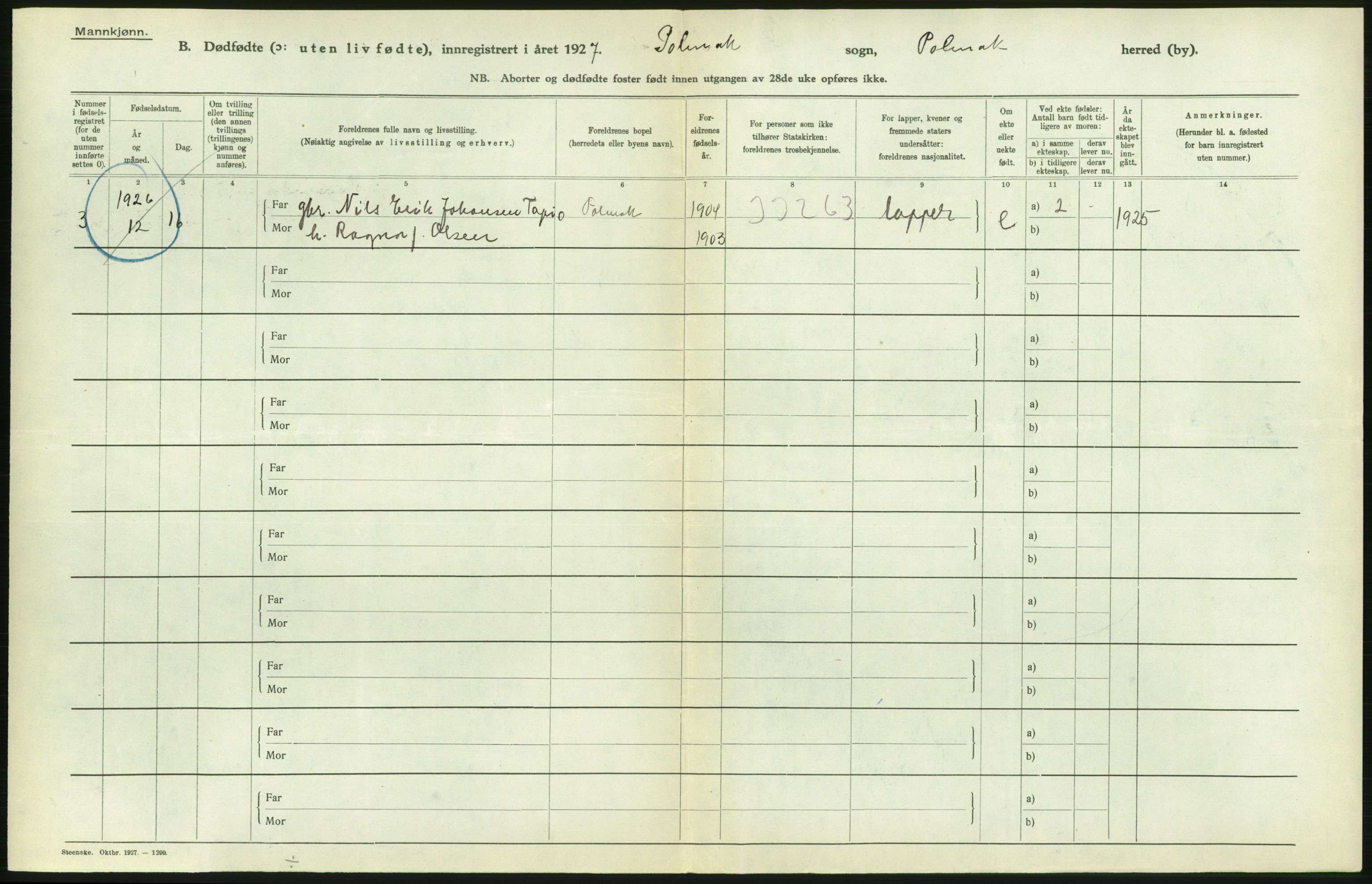 Statistisk sentralbyrå, Sosiodemografiske emner, Befolkning, AV/RA-S-2228/D/Df/Dfc/Dfcg/L0044: Finnmark fylke: Levendefødte menn og kvinner, gifte, døde, dødfødte., 1927, s. 104