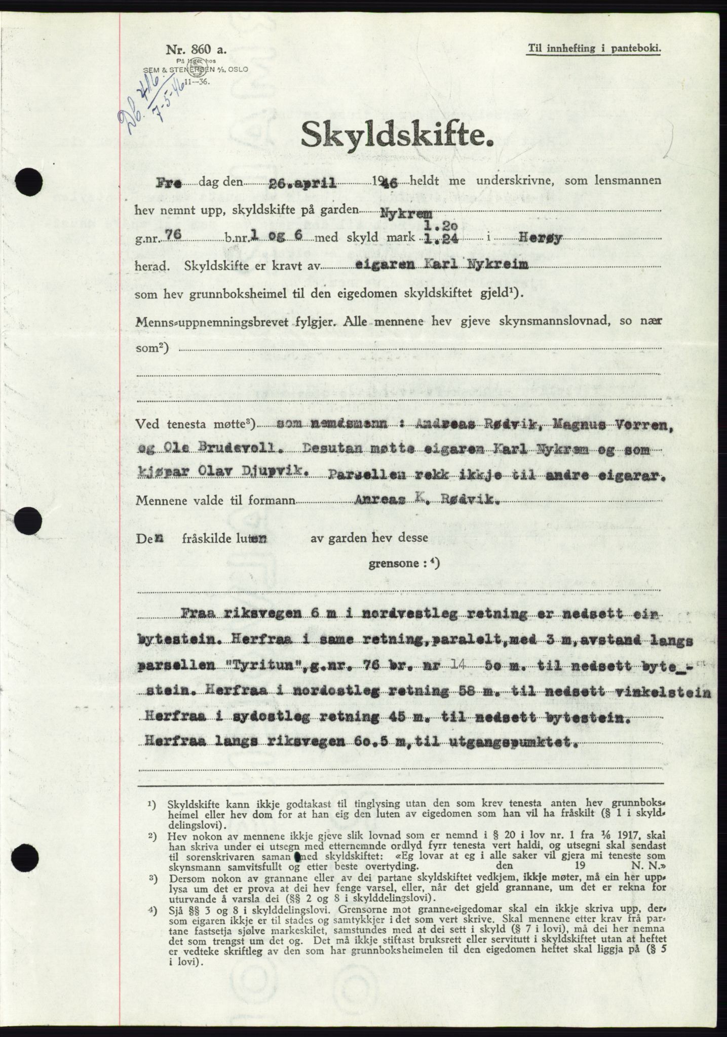 Søre Sunnmøre sorenskriveri, SAT/A-4122/1/2/2C/L0078: Pantebok nr. 4A, 1946-1946, Dagboknr: 416/1946