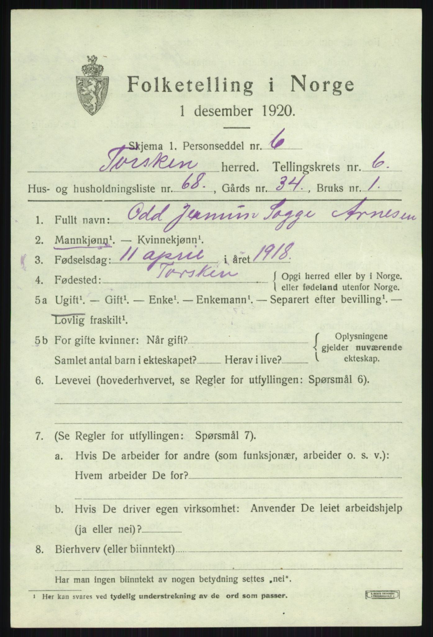 SATØ, Folketelling 1920 for 1928 Torsken herred, 1920, s. 3258