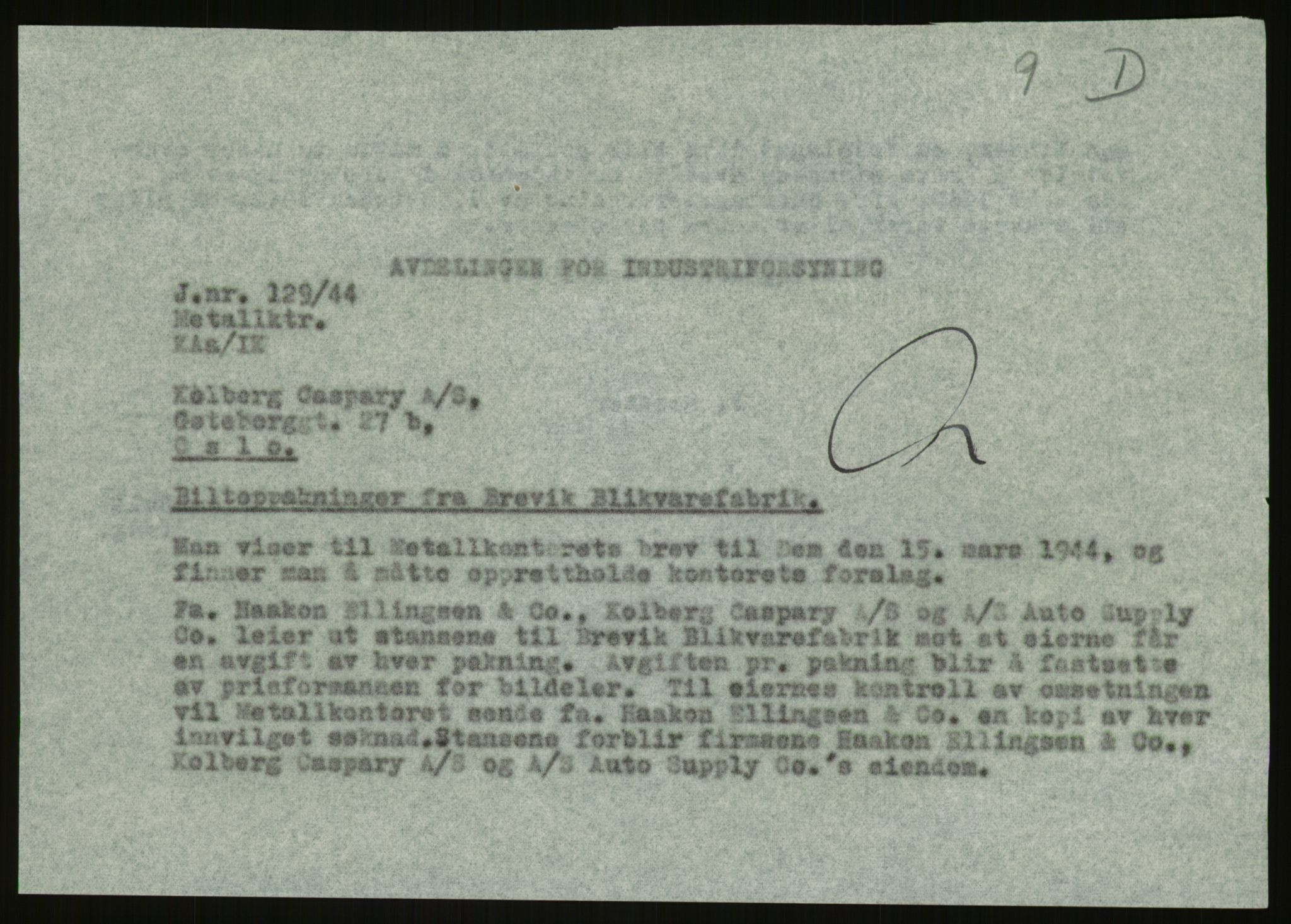 Direktoratet for industriforsyning, Sekretariatet, AV/RA-S-4153/D/Df/L0054: 9. Metallkontoret, 1940-1945, s. 413