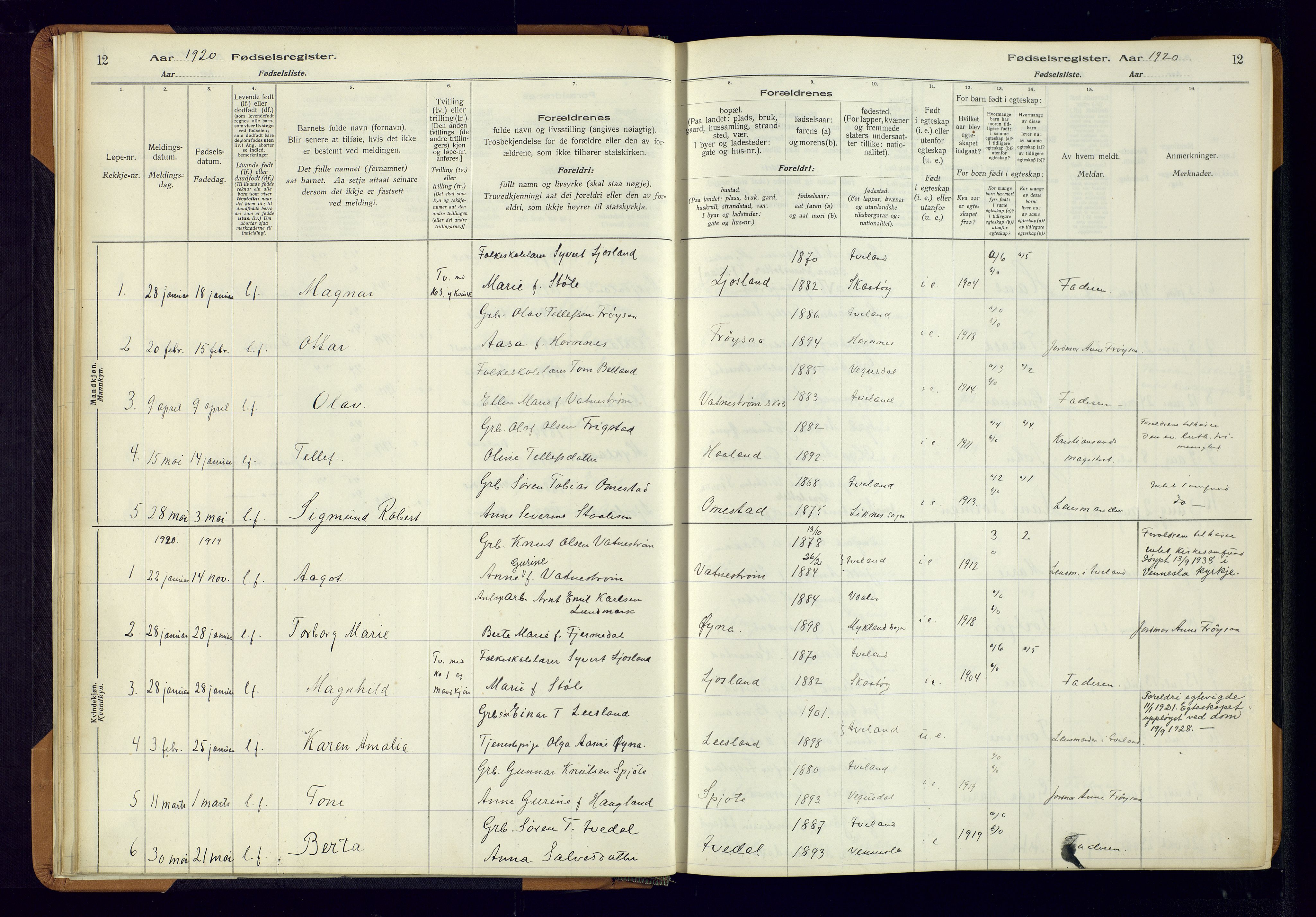 Evje sokneprestkontor, AV/SAK-1111-0008/J/Jc/L0003: Fødselsregister nr. II.4.3, 1916-1982, s. 12