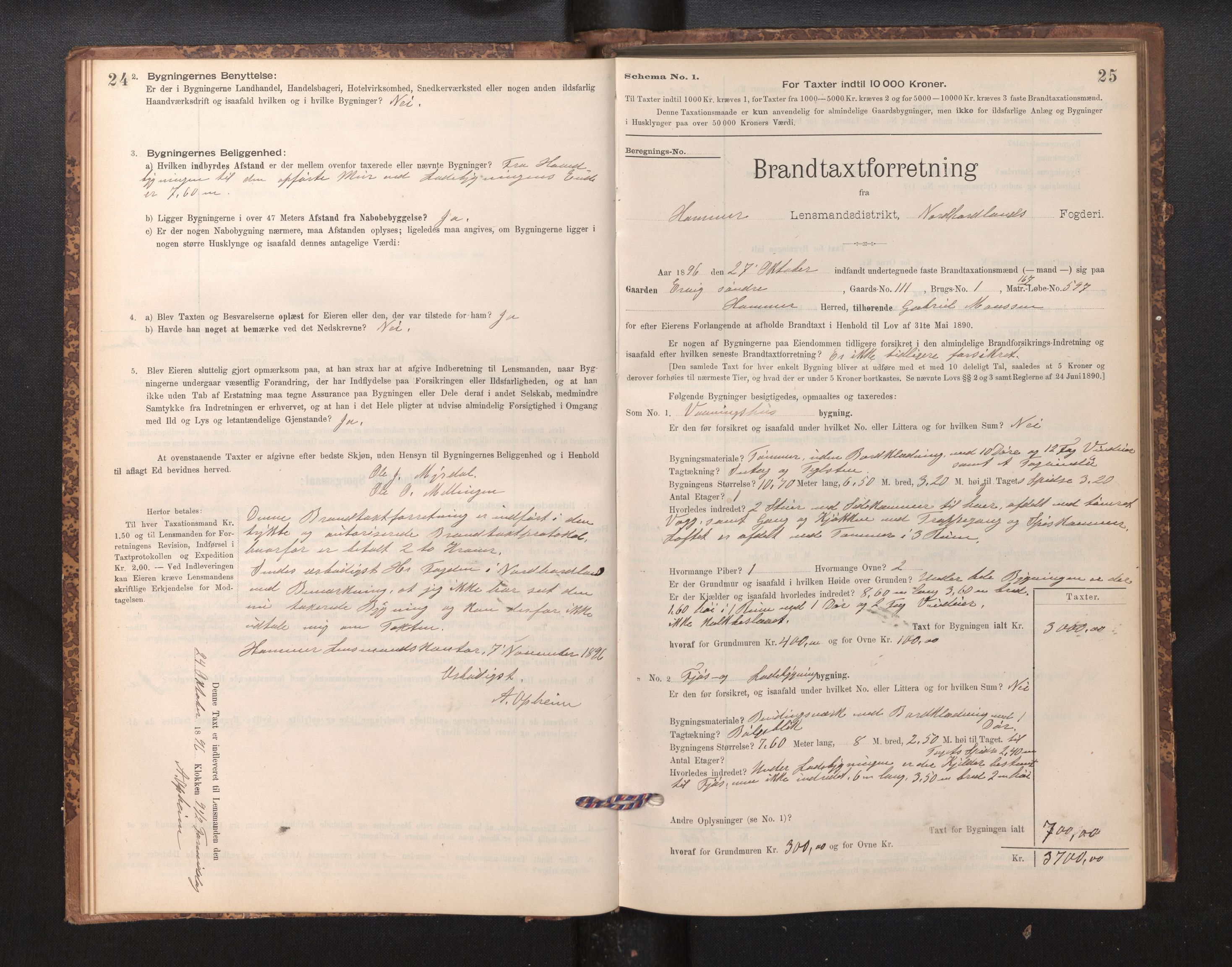 Lensmannen i Hamre, SAB/A-32601/0012/L0004: Branntakstprotokoll, skjematakst, 1895-1920, s. 24-25