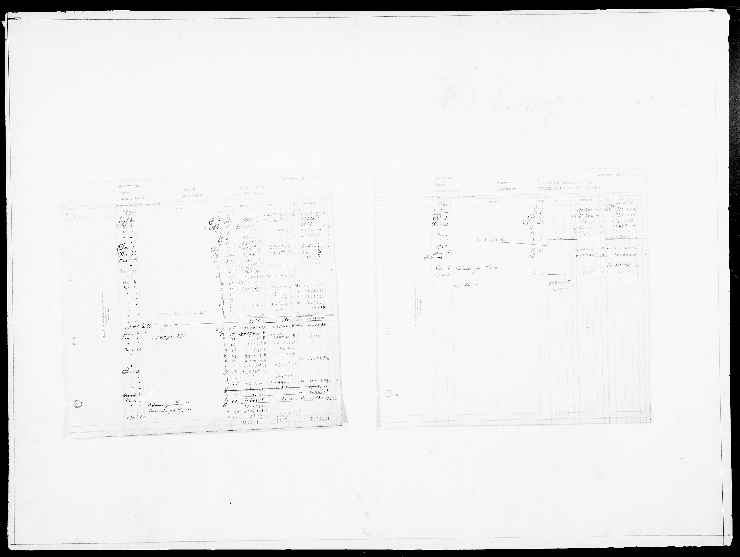 Forsvaret, Flyvåpnenes treningsleir 1940-1945, AV/RA-RAFA-3974/V/L0012: Regnskaper.  Se "Index" for detaljert oversikt over innholdet., 1940-1945