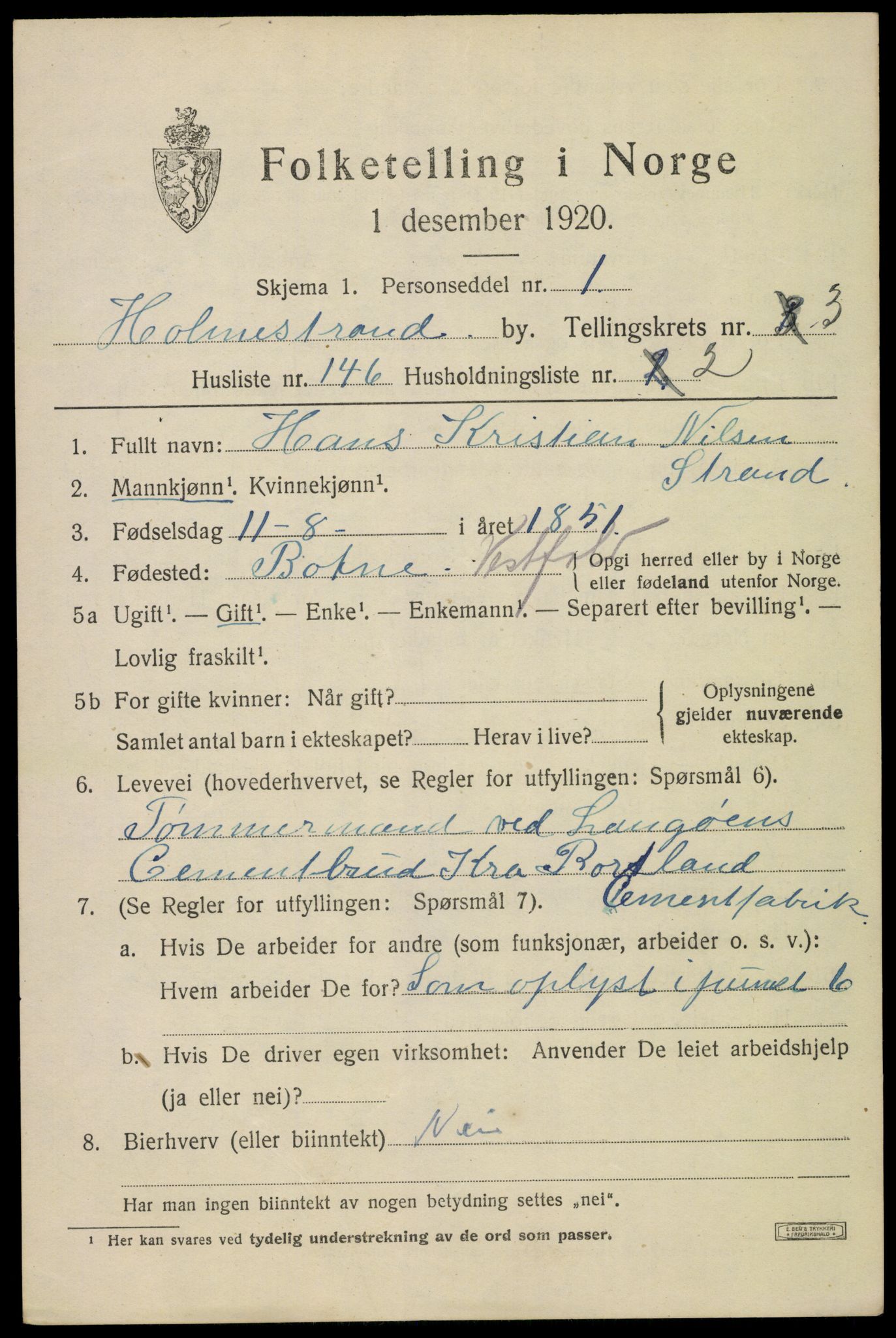 SAKO, Folketelling 1920 for 0702 Holmestrand kjøpstad, 1920, s. 4696
