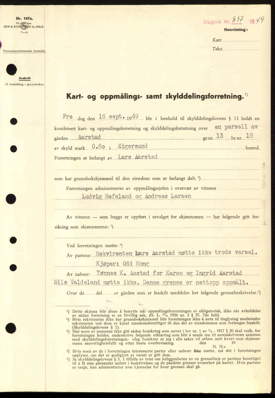 Dalane sorenskriveri, SAST/A-100309/02/G/Gb/L0054: Pantebok nr. A14, 1949-1950, Dagboknr: 837/1949