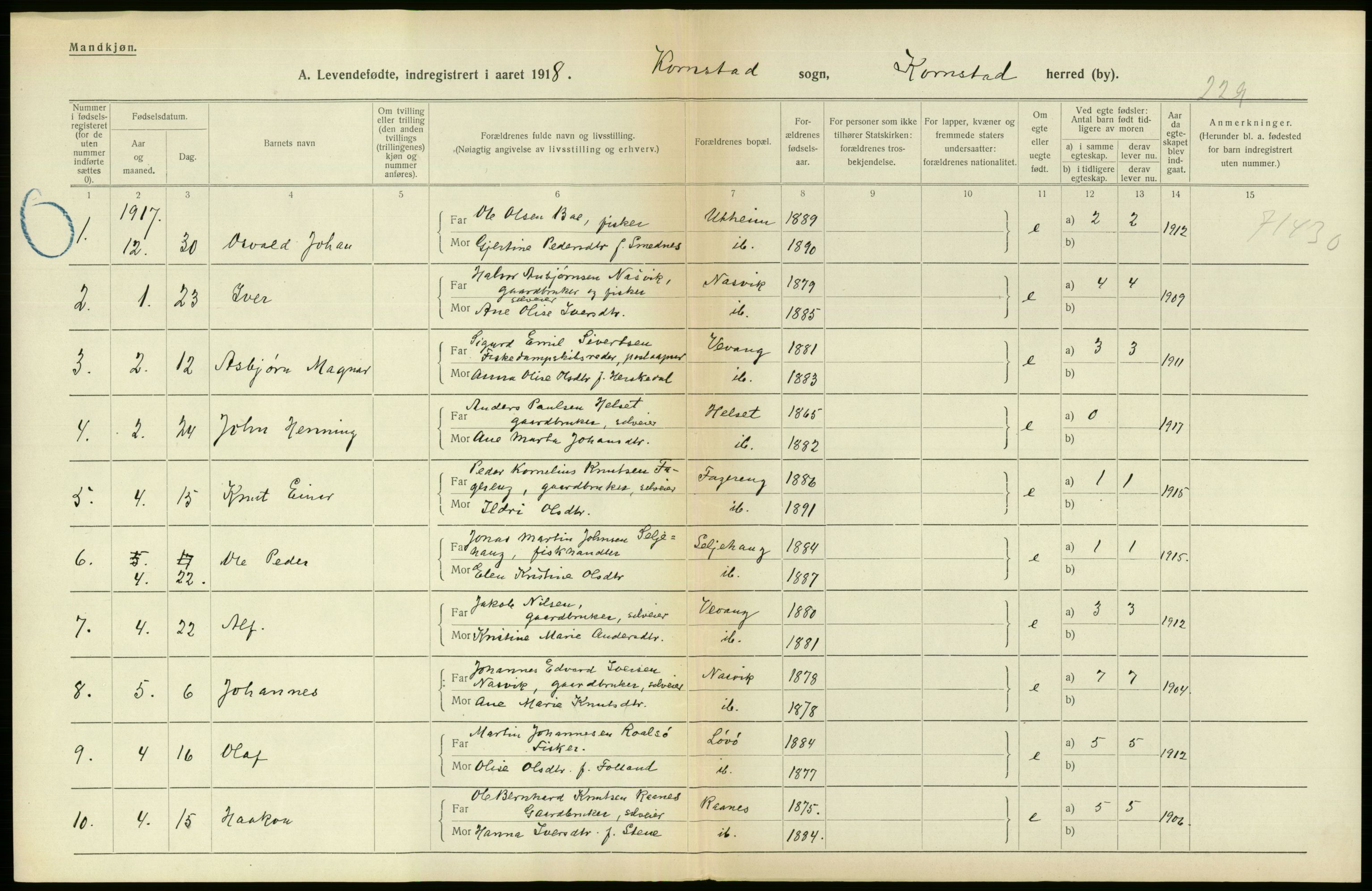 Statistisk sentralbyrå, Sosiodemografiske emner, Befolkning, RA/S-2228/D/Df/Dfb/Dfbh/L0043: Møre fylke: Levendefødte menn og kvinner. Bygder., 1918, s. 408