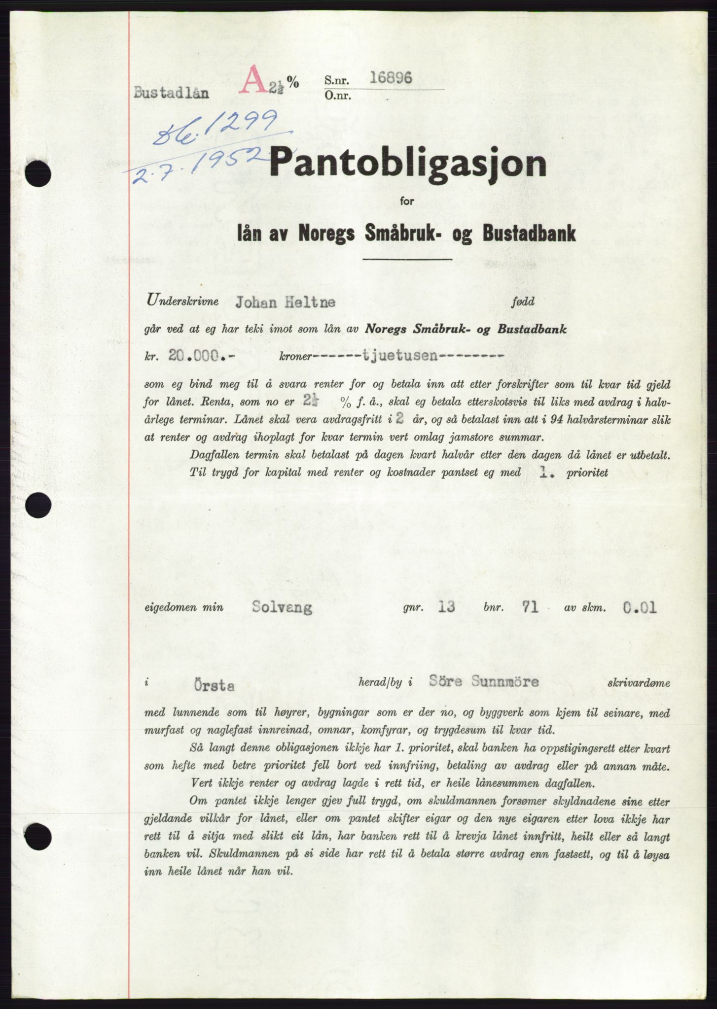 Søre Sunnmøre sorenskriveri, AV/SAT-A-4122/1/2/2C/L0121: Pantebok nr. 9B, 1951-1952, Dagboknr: 1299/1952