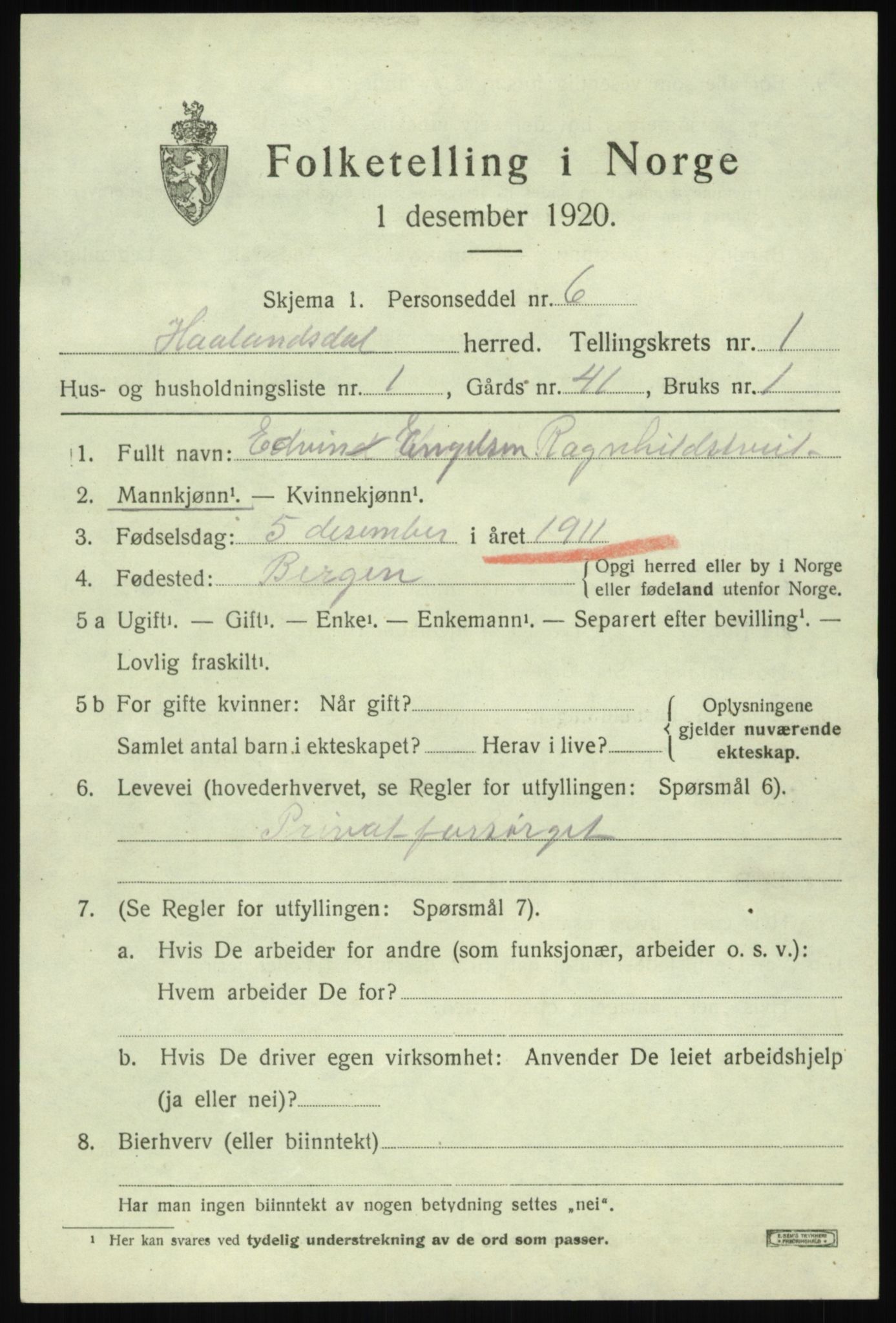 SAB, Folketelling 1920 for 1239 Hålandsdal herred, 1920, s. 250