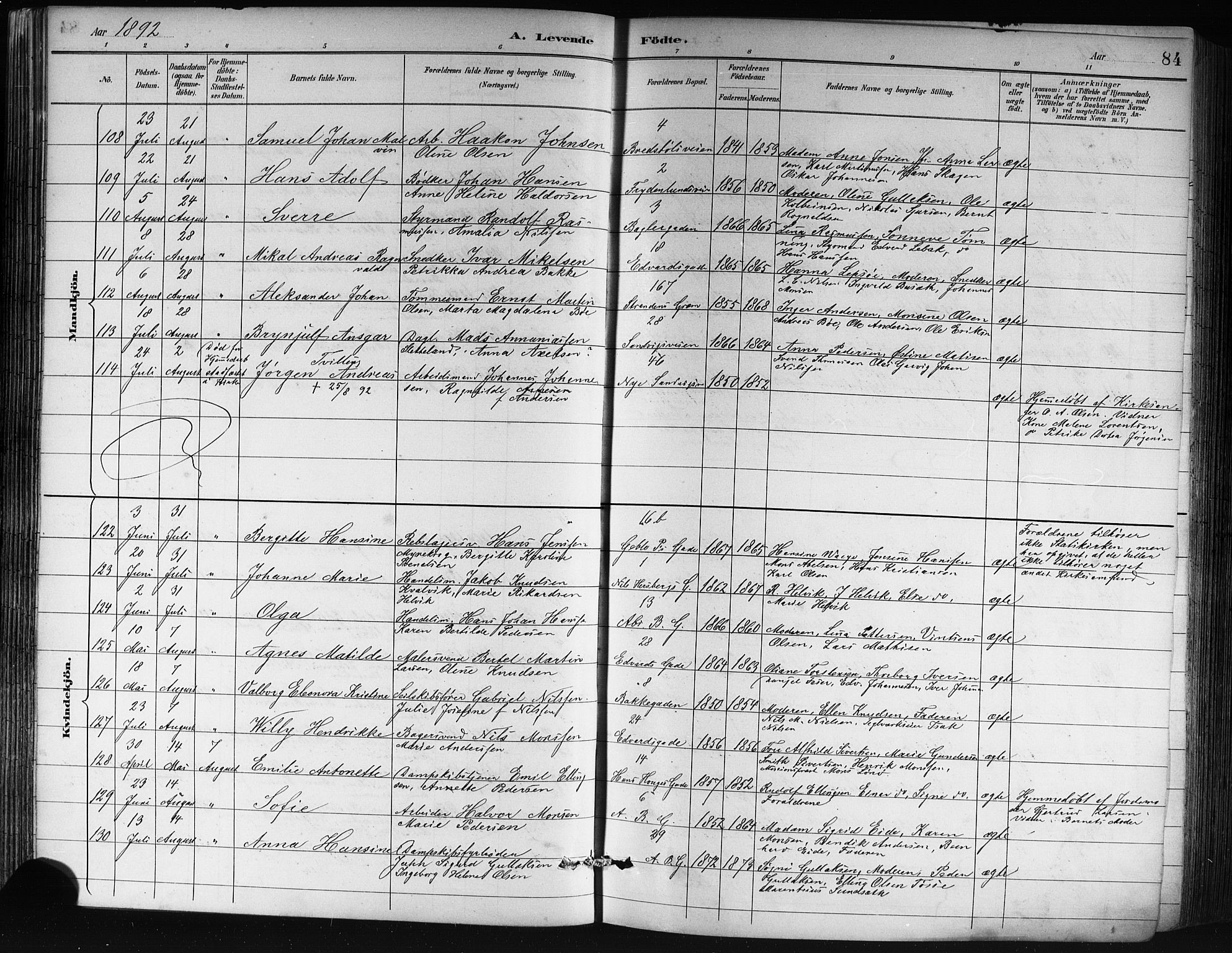 Sandviken Sokneprestembete, AV/SAB-A-77601/H/Hb/L0002: Klokkerbok nr. A 3, 1888-1902, s. 84