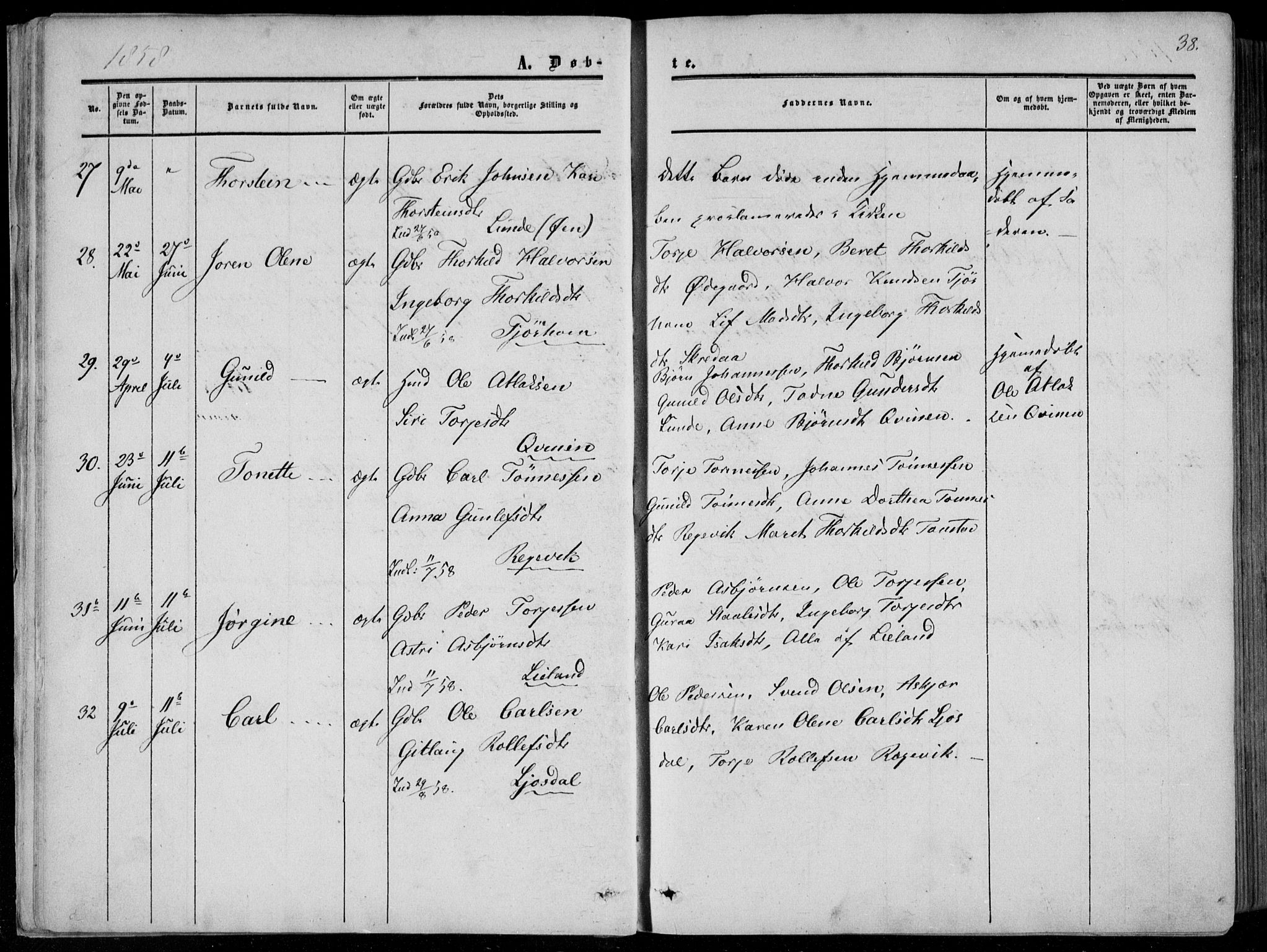 Sirdal sokneprestkontor, AV/SAK-1111-0036/F/Fa/Fab/L0002: Ministerialbok nr. A 2, 1855-1874, s. 38