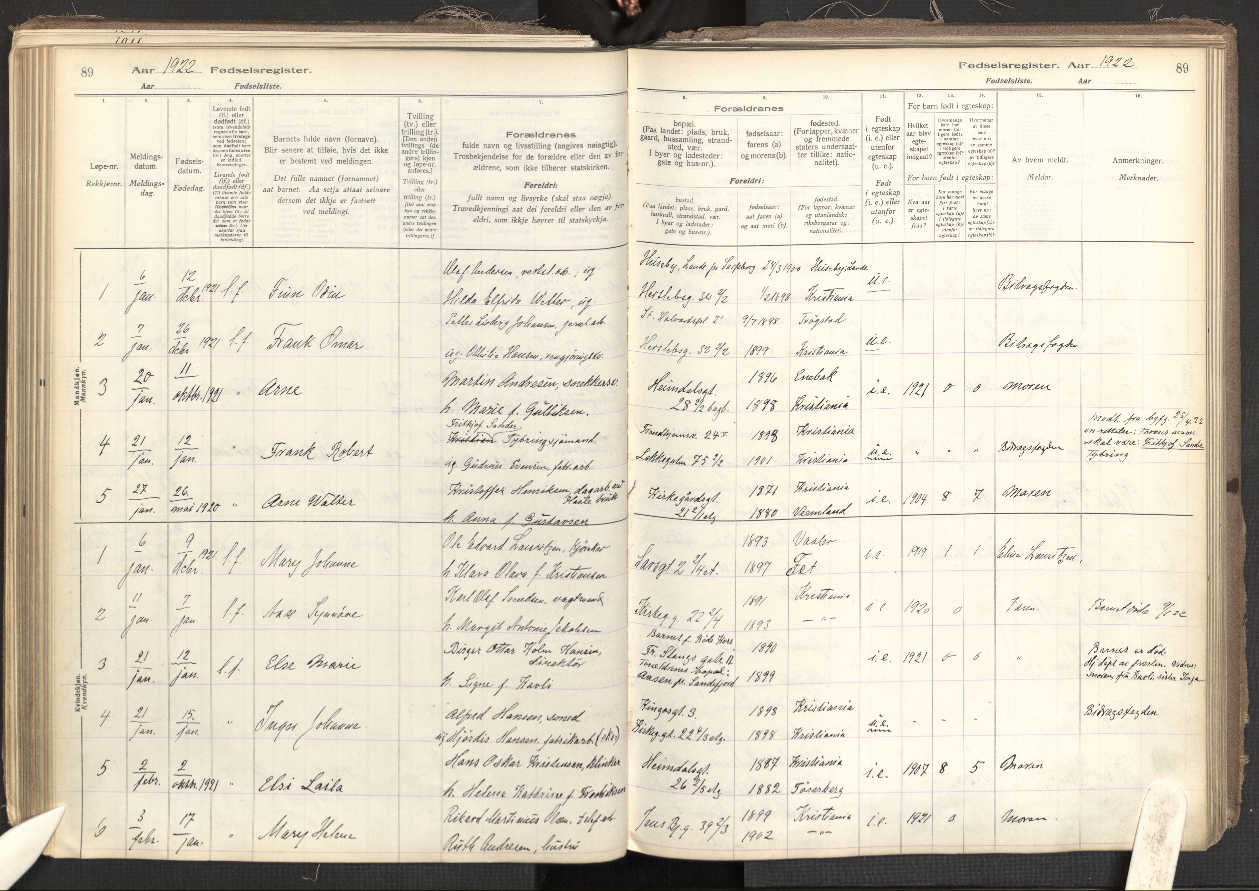 Tøyen prestekontor Kirkebøker, AV/SAO-A-10167a/J/Ja/L0001: Fødselsregister nr. 1, 1916-1944, s. 89