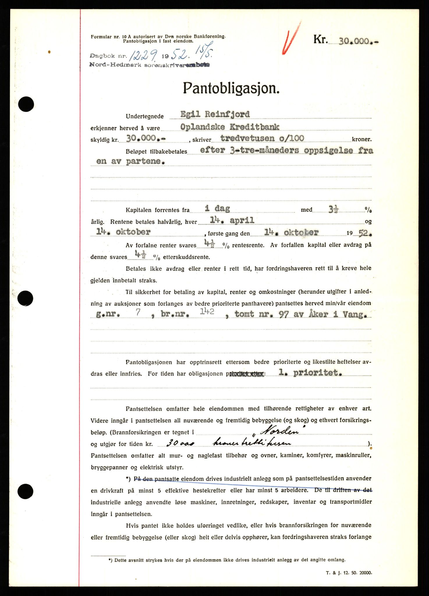 Nord-Hedmark sorenskriveri, SAH/TING-012/H/Hb/Hbf/L0025: Pantebok nr. B25, 1952-1952, Dagboknr: 1229/1952