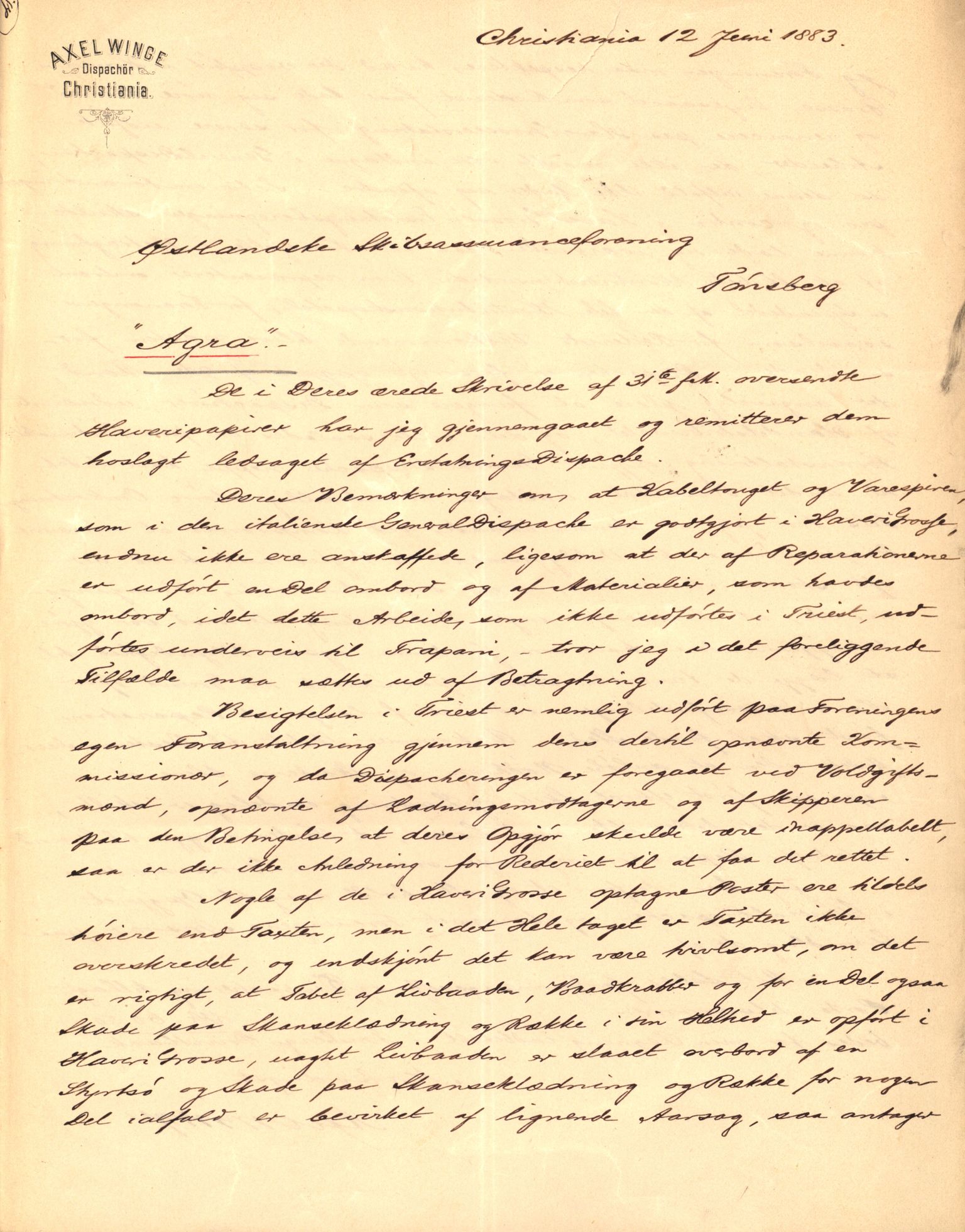 Pa 63 - Østlandske skibsassuranceforening, VEMU/A-1079/G/Ga/L0014/0011: Havaridokumenter / Agra, Anna, Jorsalfarer, Alfen, Uller, Solon, 1882, s. 3