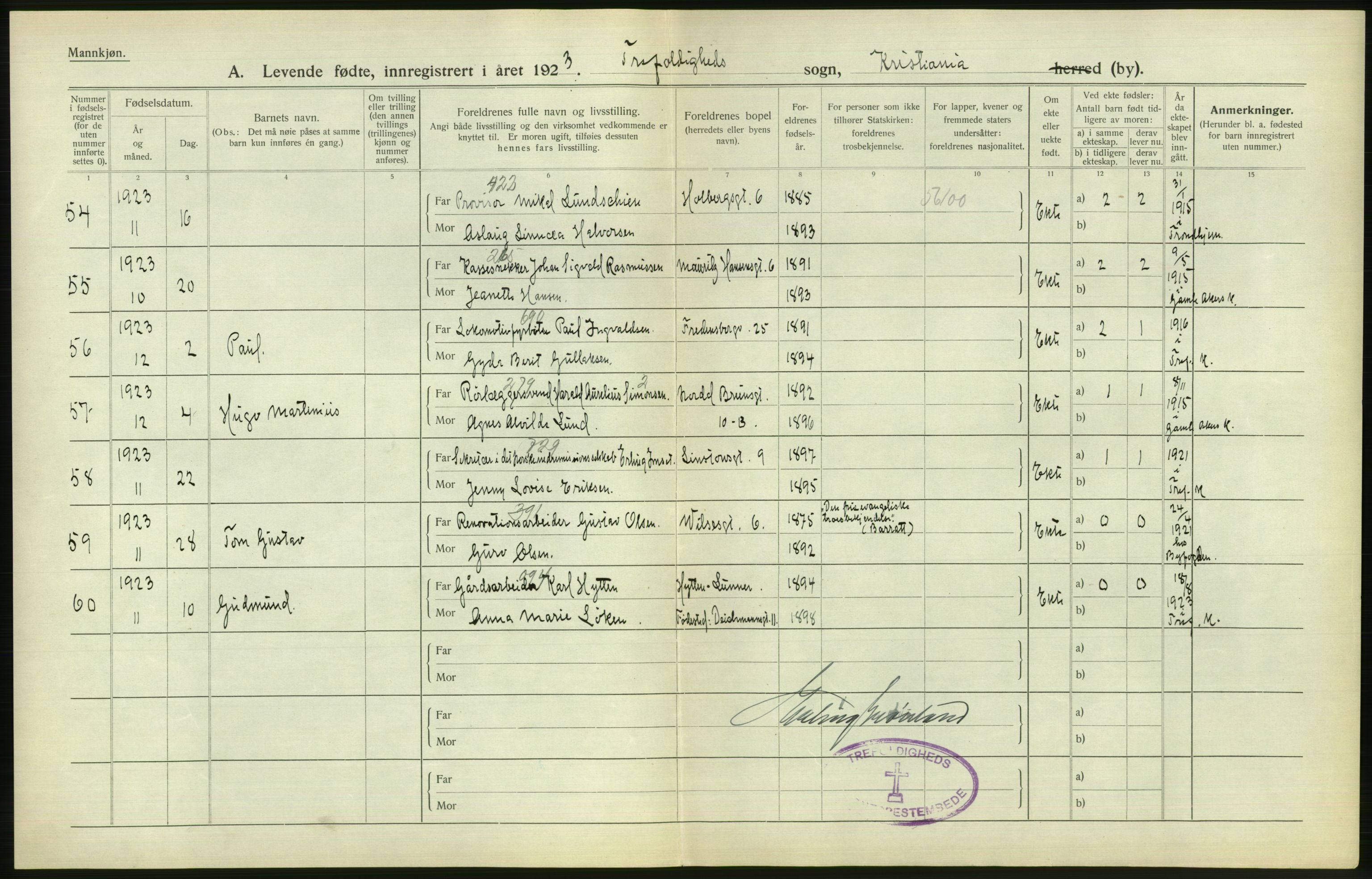 Statistisk sentralbyrå, Sosiodemografiske emner, Befolkning, AV/RA-S-2228/D/Df/Dfc/Dfcc/L0006: Kristiania: Levendefødte menn og kvinner., 1923, s. 830