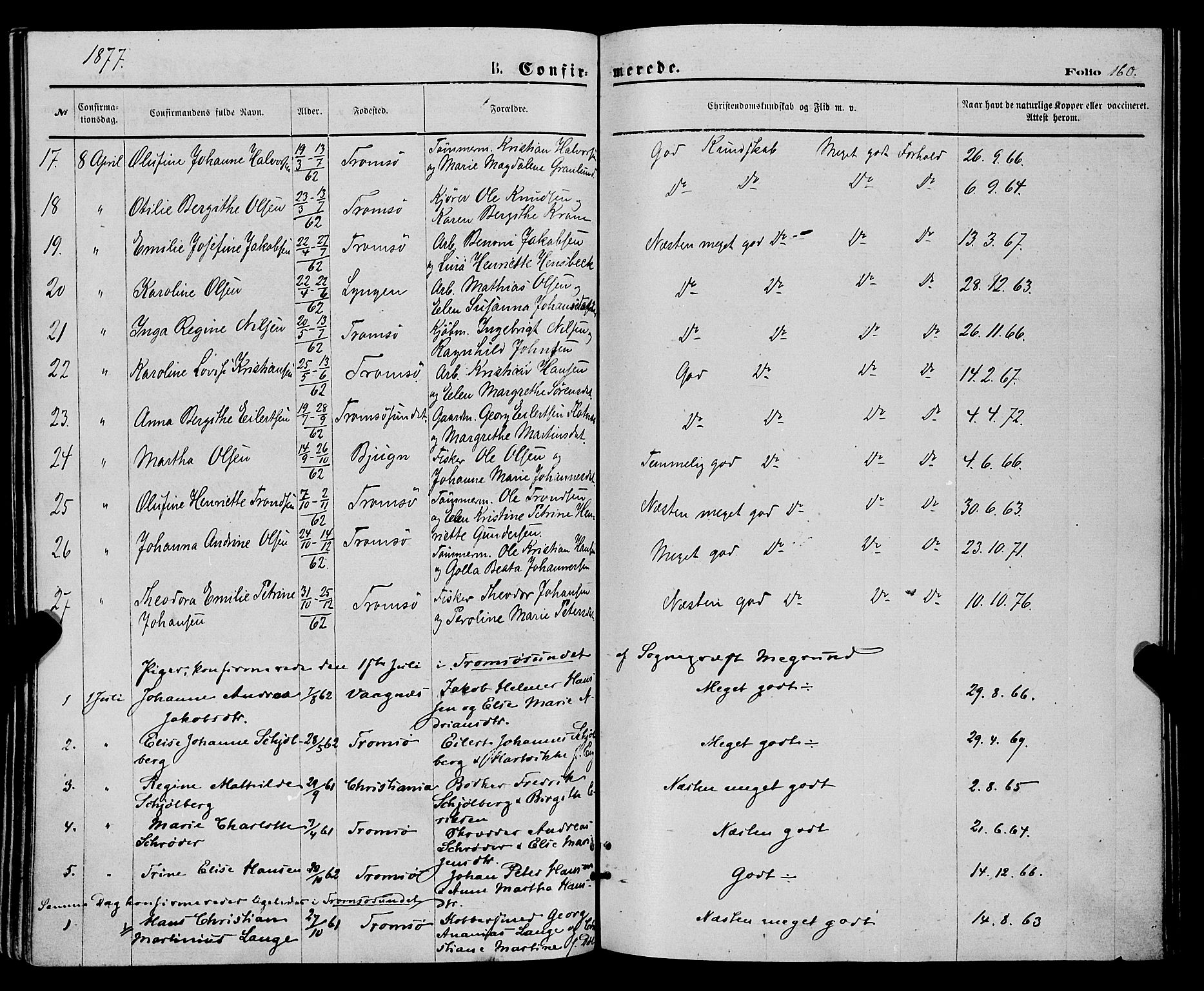 Tromsø sokneprestkontor/stiftsprosti/domprosti, AV/SATØ-S-1343/G/Ga/L0013kirke: Ministerialbok nr. 13, 1872-1877, s. 160