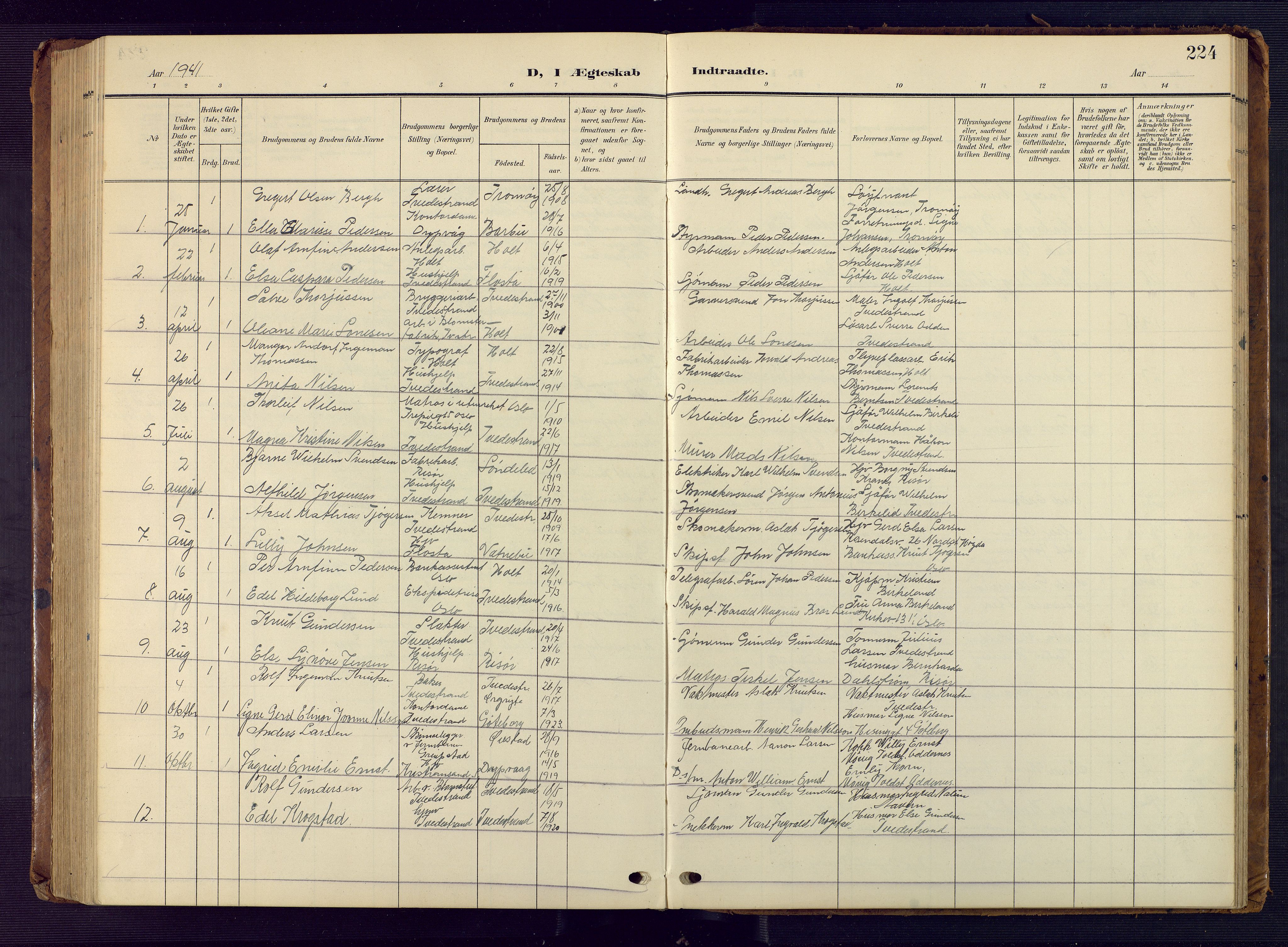 Tvedestrand sokneprestkontor, AV/SAK-1111-0042/F/Fb/L0001: Klokkerbok nr. B 1, 1902-1956, s. 224