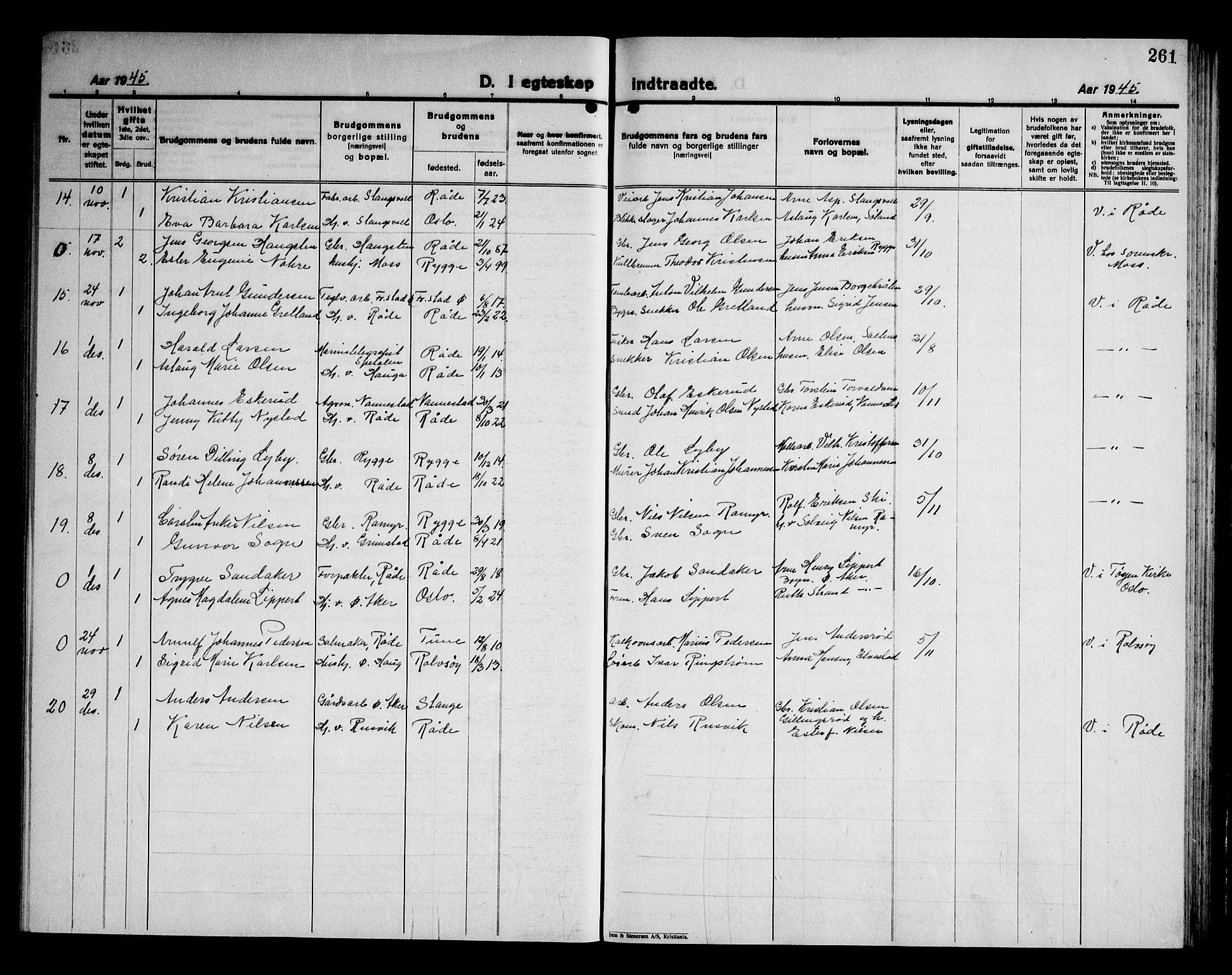 Råde prestekontor kirkebøker, AV/SAO-A-2009/G/Ga/L0002: Klokkerbok nr. I 2, 1926-1947, s. 261