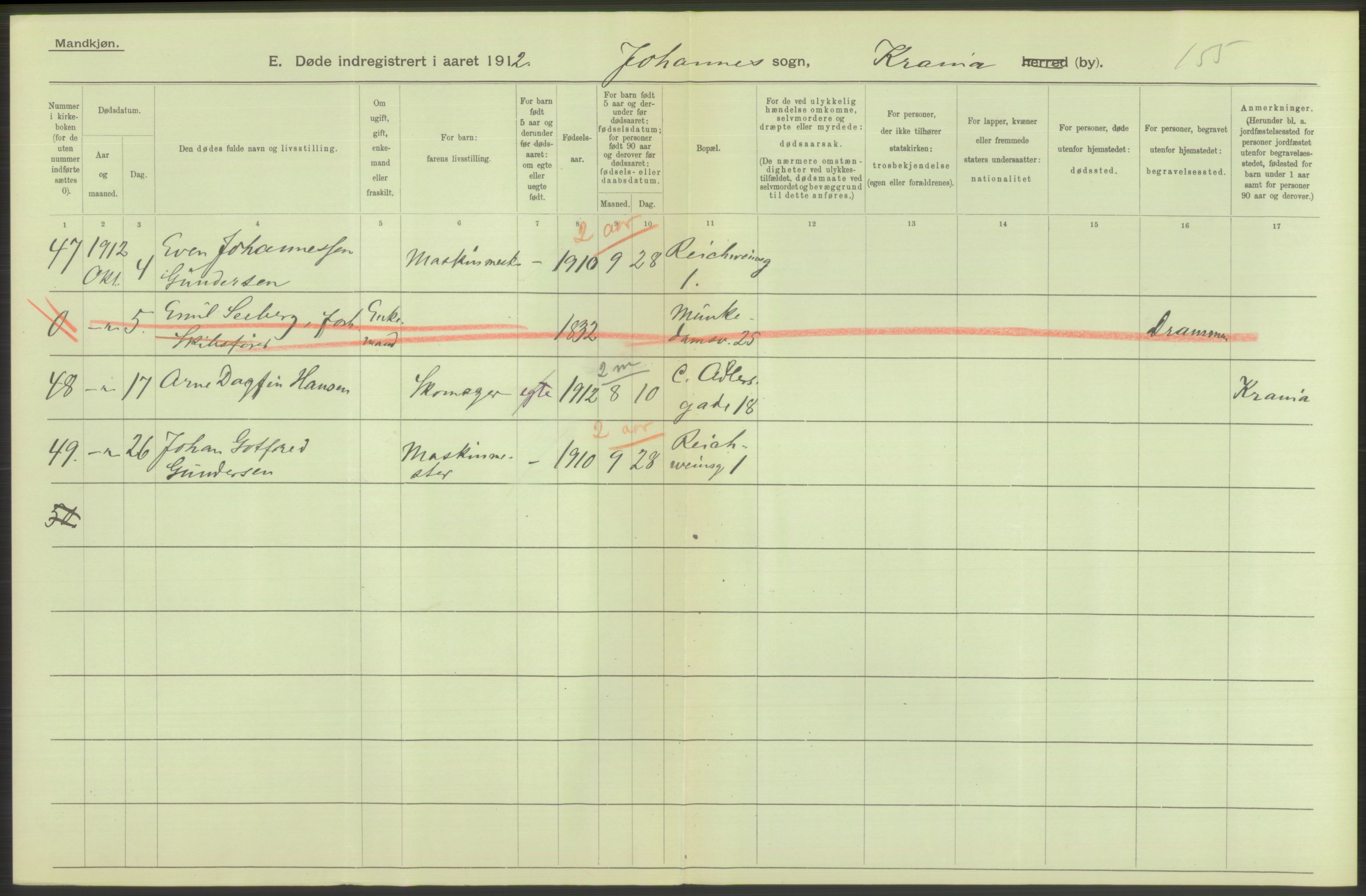 Statistisk sentralbyrå, Sosiodemografiske emner, Befolkning, AV/RA-S-2228/D/Df/Dfb/Dfbb/L0009: Kristiania: Døde, 1912, s. 374