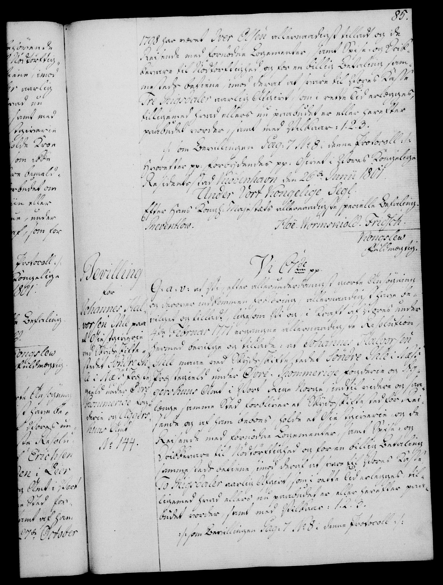 Rentekammeret, Kammerkanselliet, AV/RA-EA-3111/G/Gg/Gga/L0017: Norsk ekspedisjonsprotokoll med register (merket RK 53.17), 1801-1803, s. 85