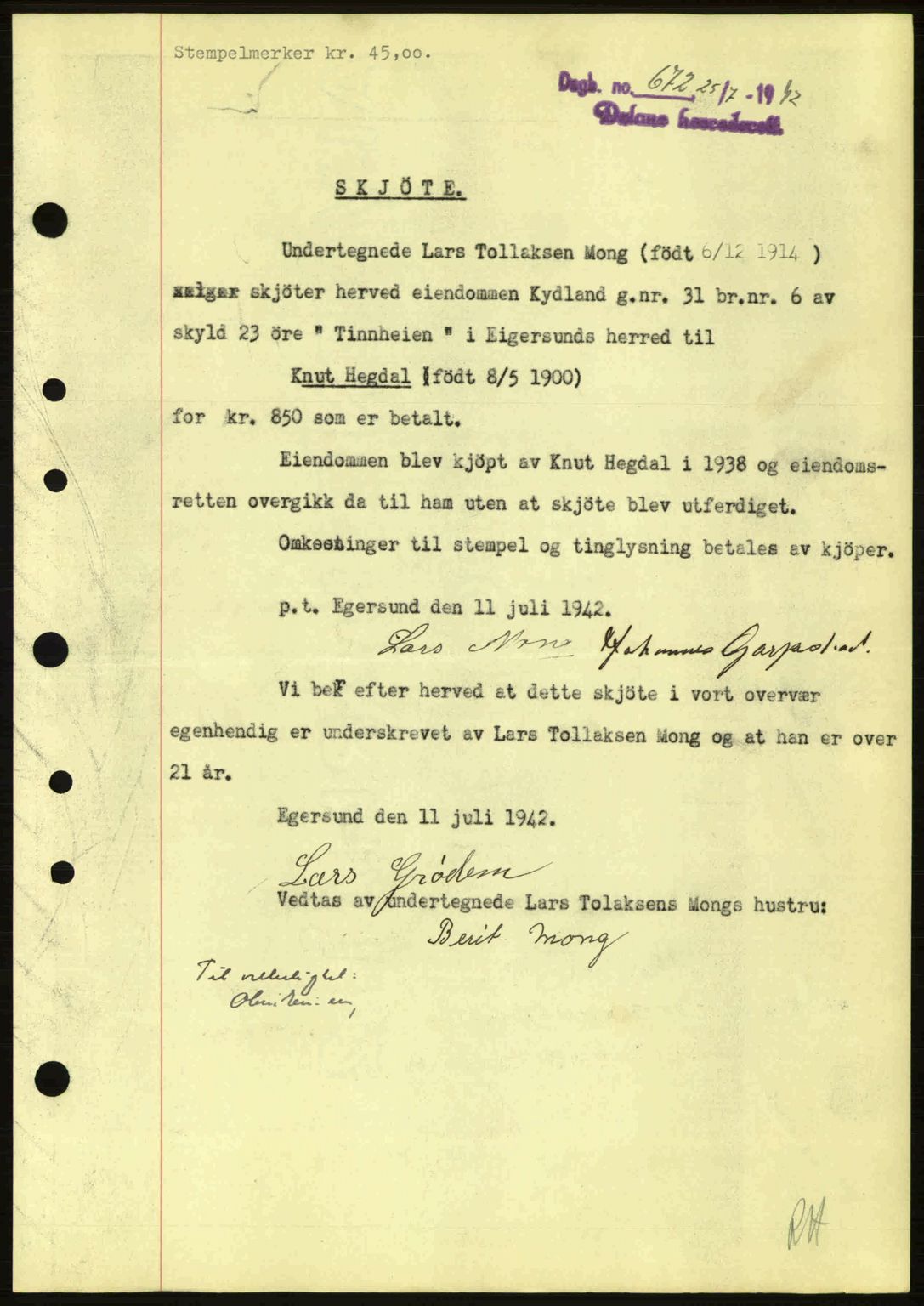 Dalane sorenskriveri, SAST/A-100309/02/G/Gb/L0045: Pantebok nr. A6, 1941-1942, Dagboknr: 672/1942