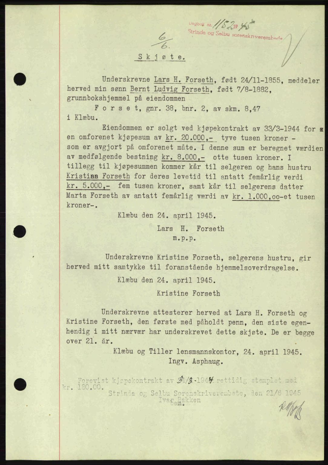 Strinda og Selbu sorenskriveri, SAT/A-0015/2/2C: Pantebok nr. A9, 1944-1945, Dagboknr: 1152/1945