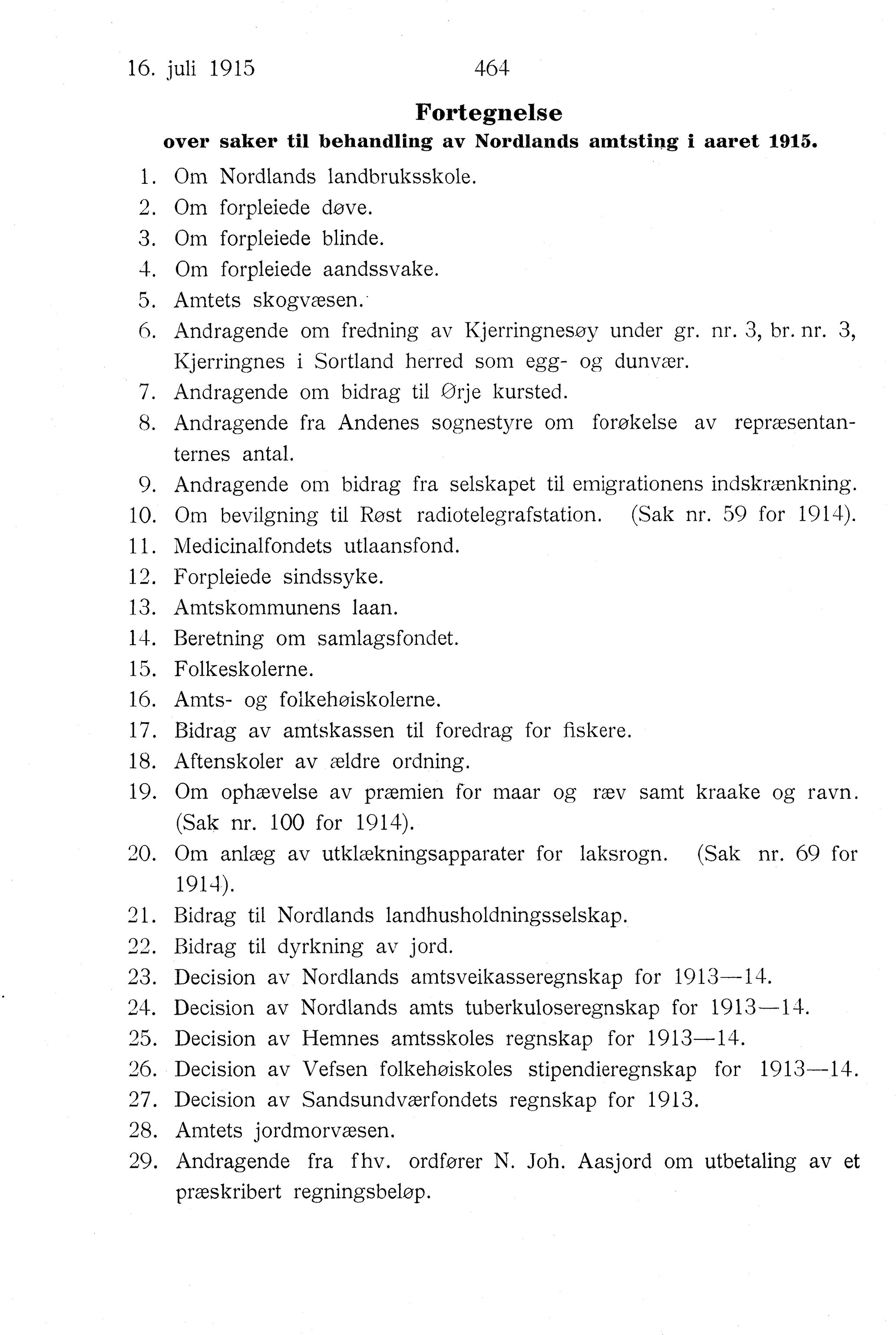 Nordland Fylkeskommune. Fylkestinget, AIN/NFK-17/176/A/Ac/L0038: Fylkestingsforhandlinger 1915, 1915