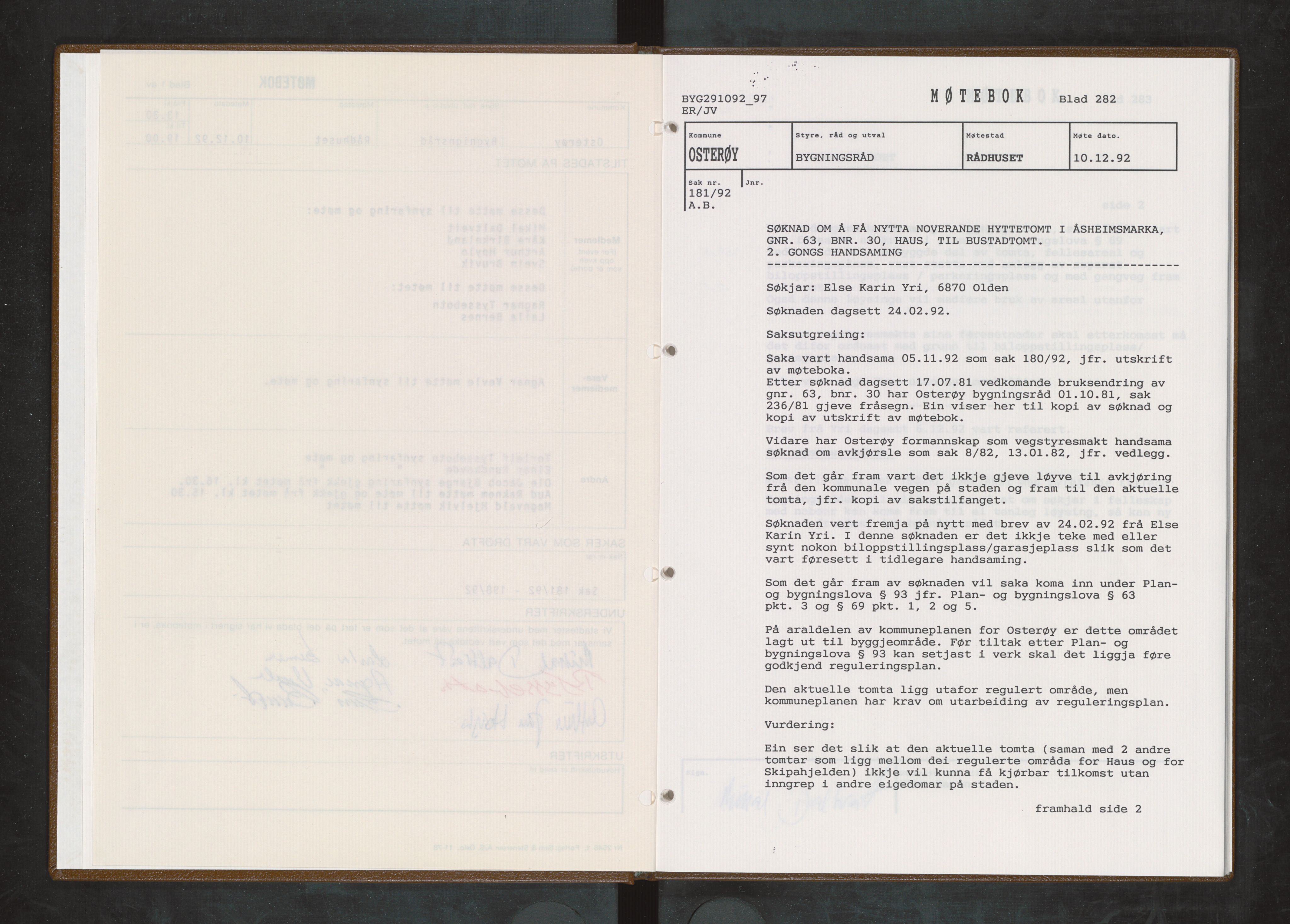 Osterøy kommune. Bygningsrådet, IKAH/1253b-511/A/Aa/L0026: Møtebok Osterøy bygningsråd, 1992