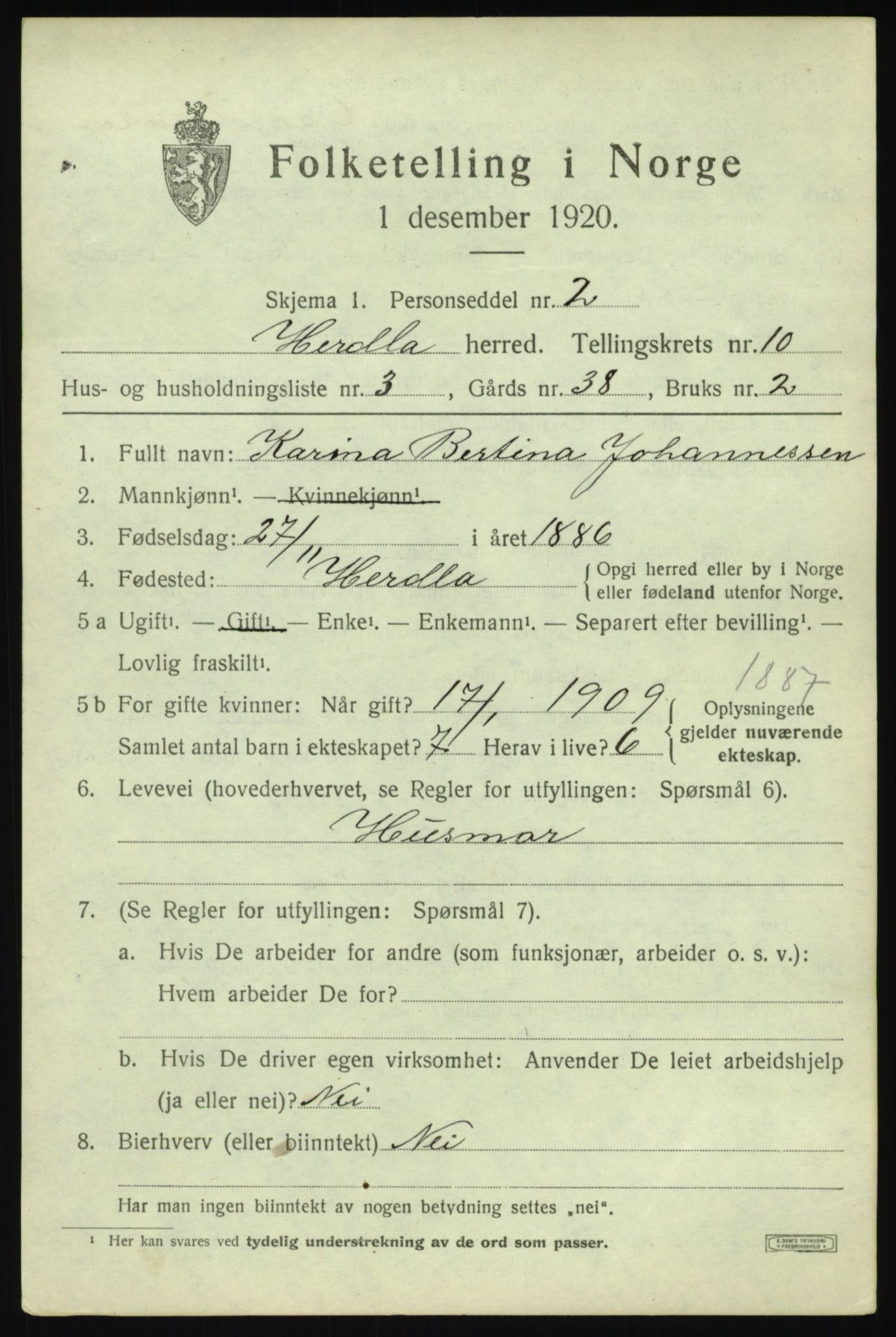 SAB, Folketelling 1920 for 1258 Herdla herred, 1920, s. 7229