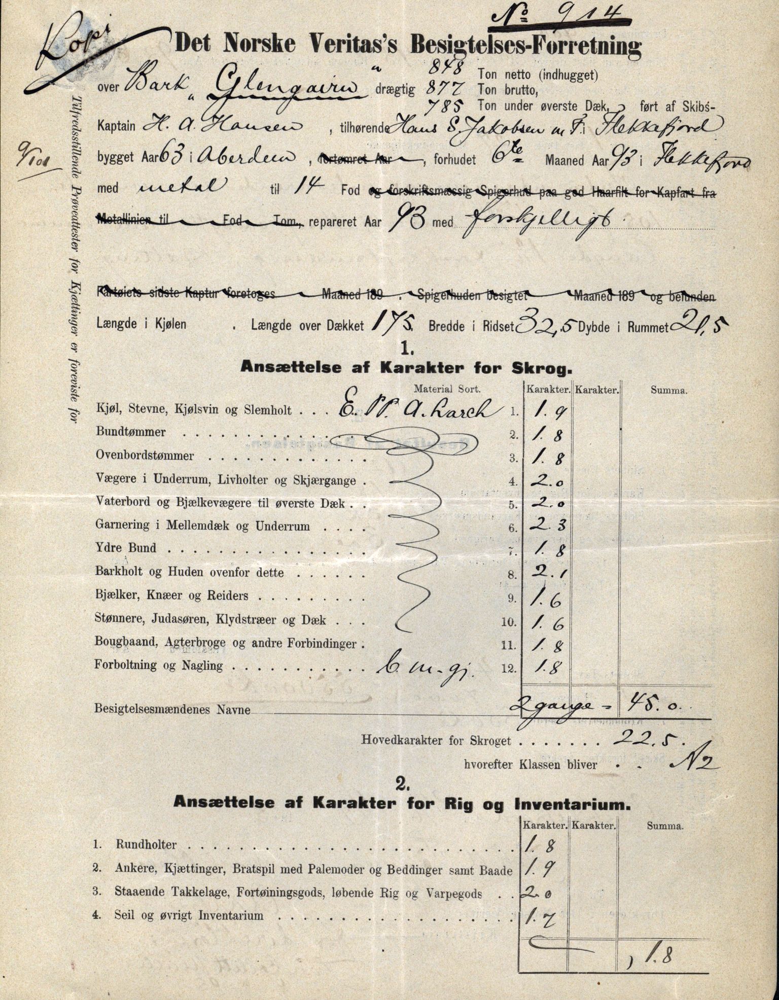 Pa 63 - Østlandske skibsassuranceforening, VEMU/A-1079/G/Ga/L0030/0006: Havaridokumenter / Sylvia, Stærk, Cathrine, Caroline, Glengairn, 1893, s. 43