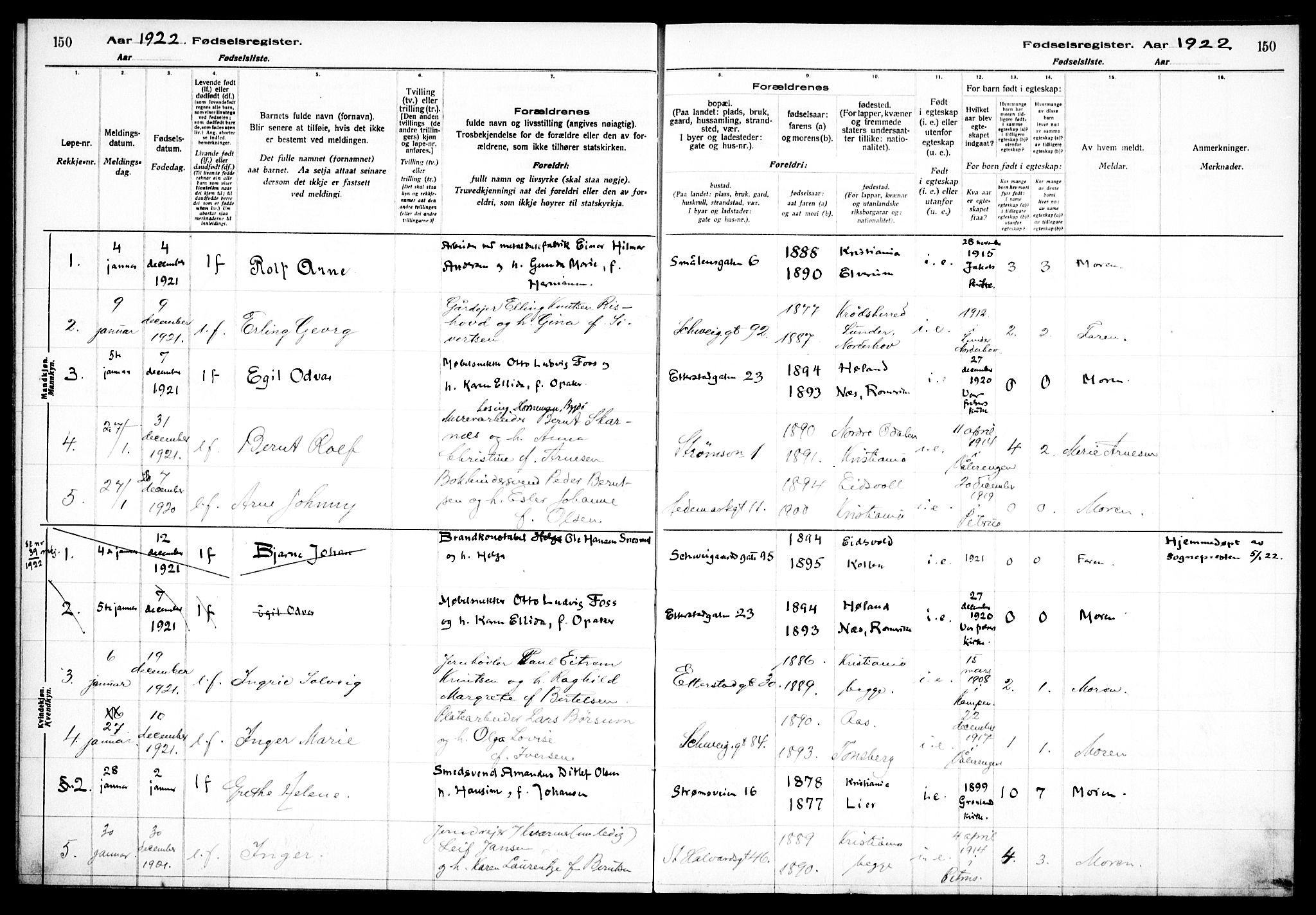 Vålerengen prestekontor Kirkebøker, SAO/A-10878/J/Ja/L0001: Fødselsregister nr. 1, 1916-1924, s. 150