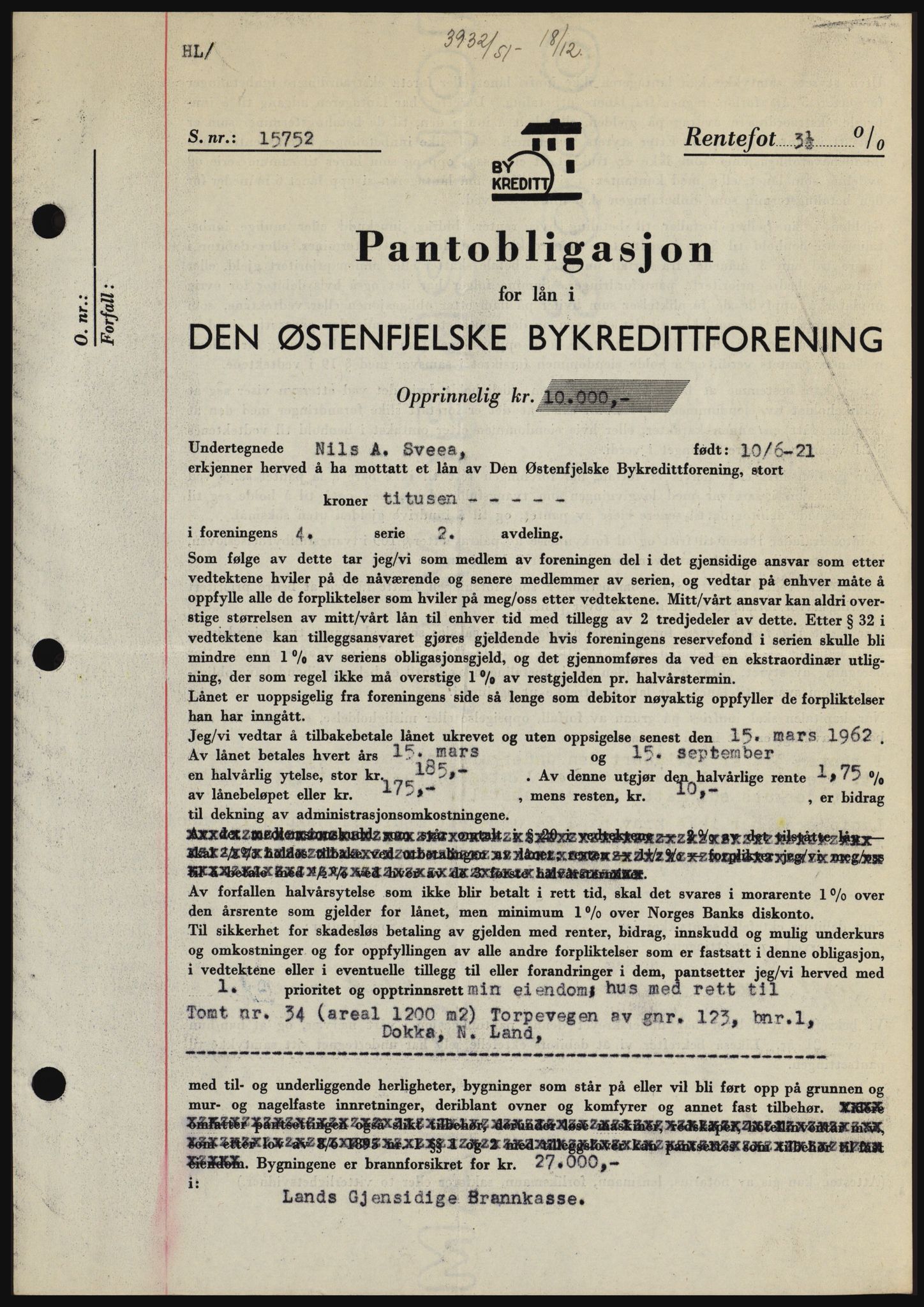 Hadeland og Land tingrett, SAH/TING-010/H/Hb/Hbc/L0022: Pantebok nr. B22, 1951-1951, Dagboknr: 3932/1951