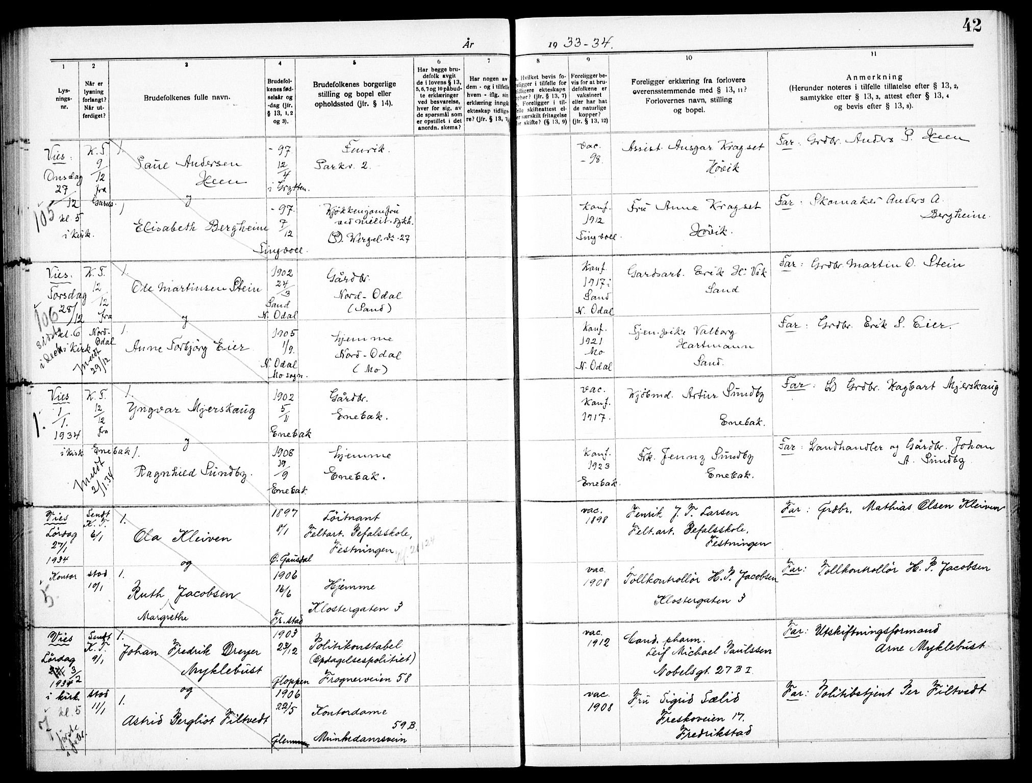 Garnisonsmenigheten Kirkebøker, AV/SAO-A-10846/H/Ha/L0011: Lysningsprotokoll nr. I 11, 1932-1936, s. 42