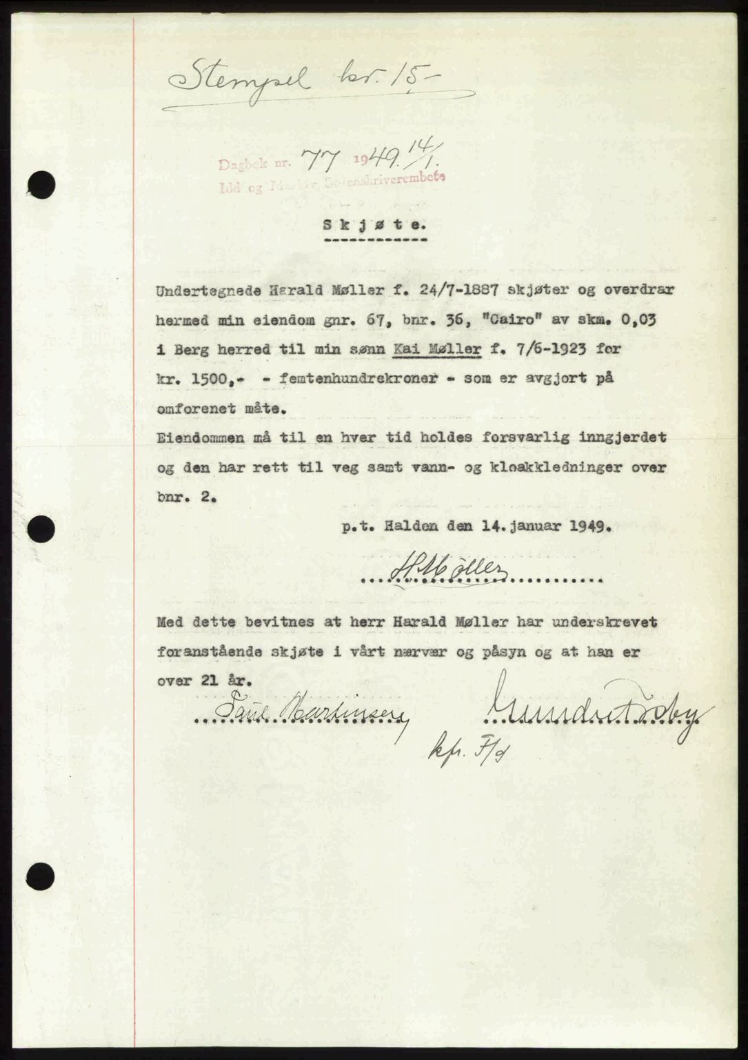 Idd og Marker sorenskriveri, SAO/A-10283/G/Gb/Gbb/L0011: Pantebok nr. A11, 1948-1949, Dagboknr: 77/1949