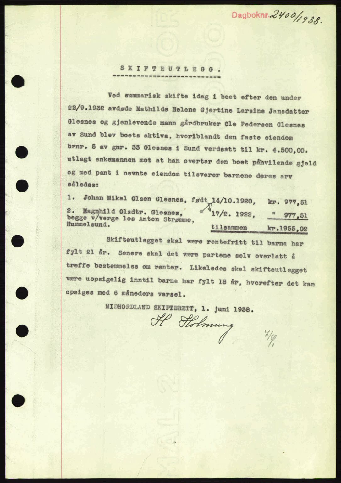 Midhordland sorenskriveri, SAB/A-3001/1/G/Gb/Gbh/L0005: Pantebok nr. A9-10, 1938-1938, Dagboknr: 2400/1938