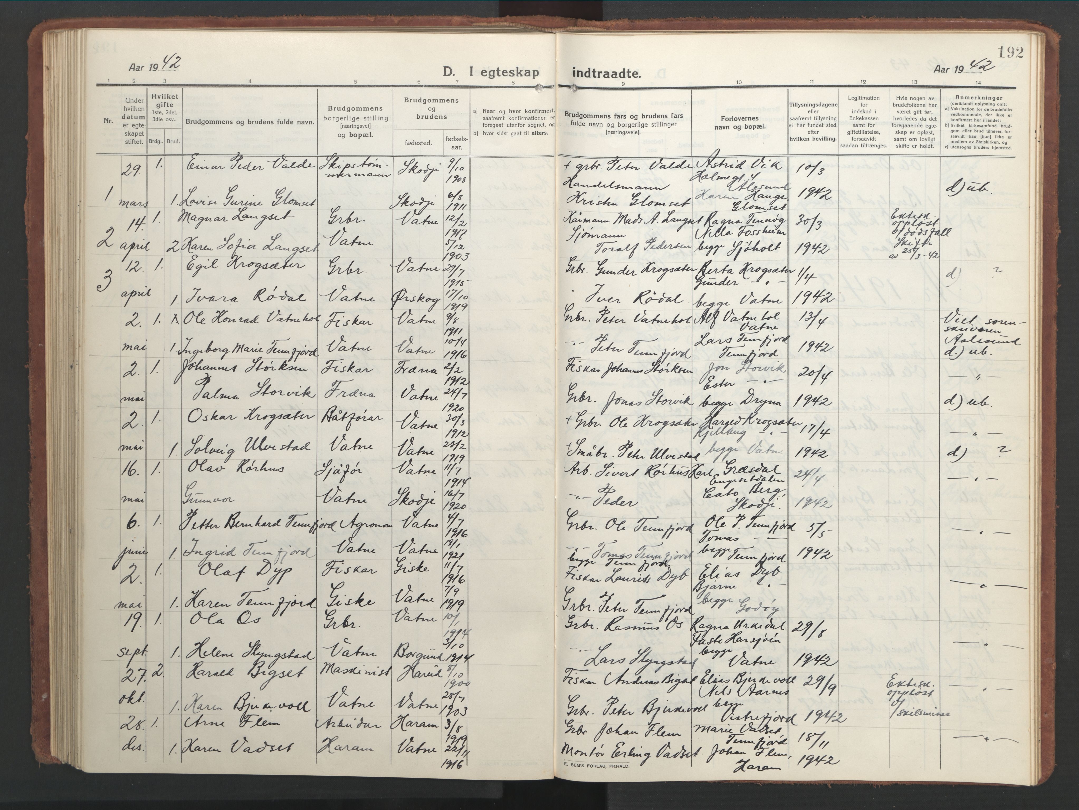 Ministerialprotokoller, klokkerbøker og fødselsregistre - Møre og Romsdal, AV/SAT-A-1454/525/L0378: Klokkerbok nr. 525C04, 1915-1947, s. 192