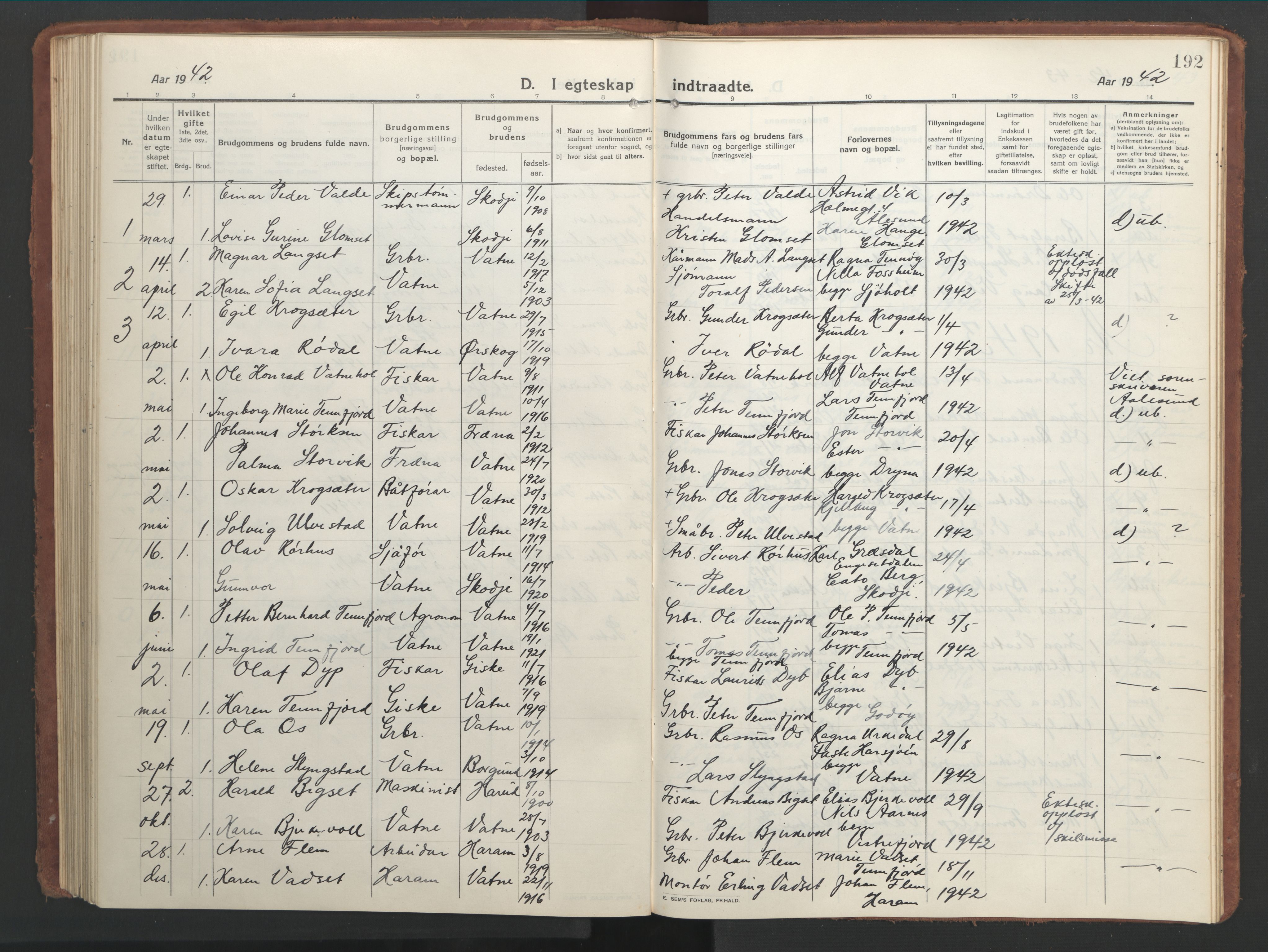 Ministerialprotokoller, klokkerbøker og fødselsregistre - Møre og Romsdal, AV/SAT-A-1454/525/L0378: Klokkerbok nr. 525C04, 1915-1947, s. 192