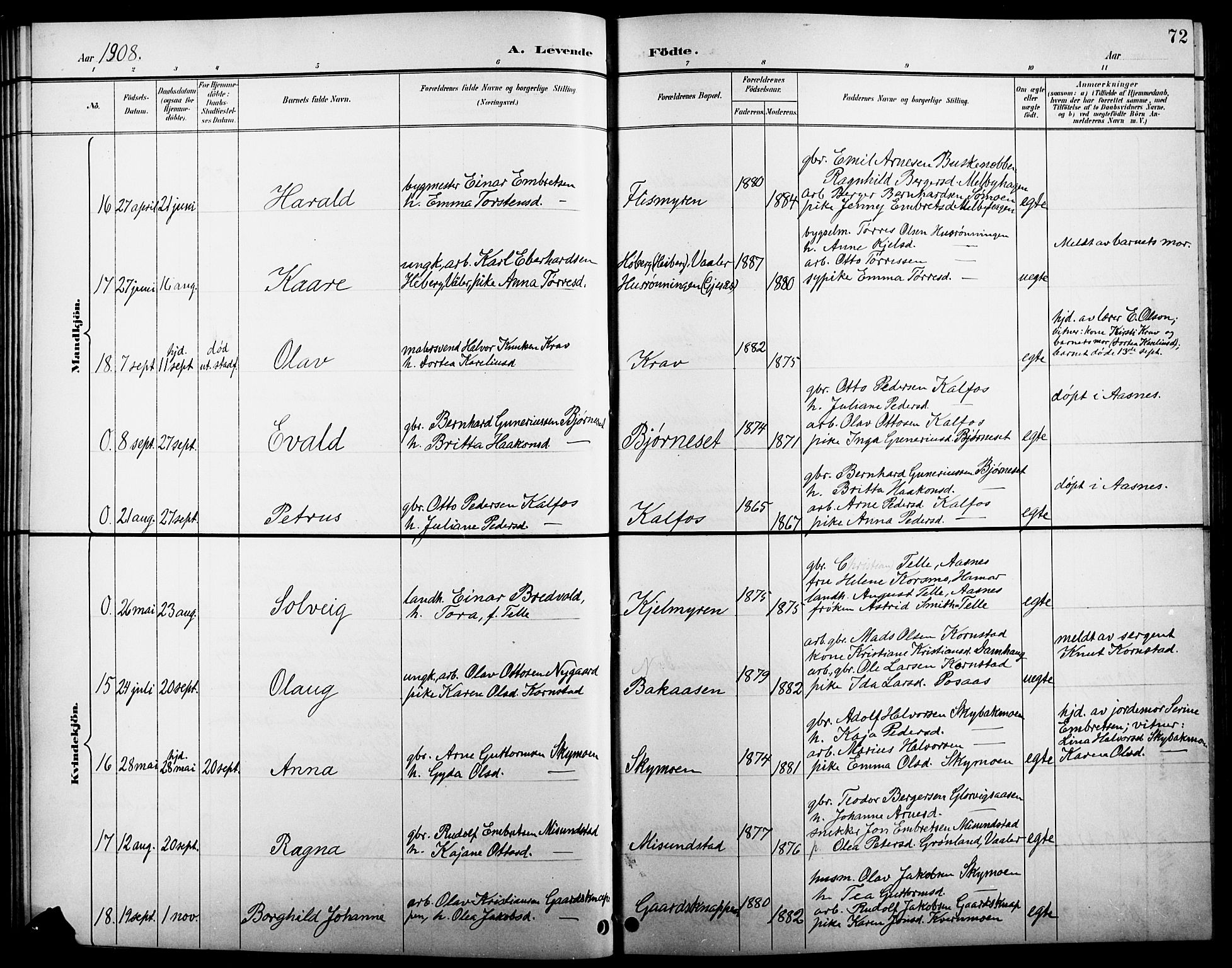 Åsnes prestekontor, AV/SAH-PREST-042/H/Ha/Hab/L0005: Klokkerbok nr. 5, 1895-1920, s. 72