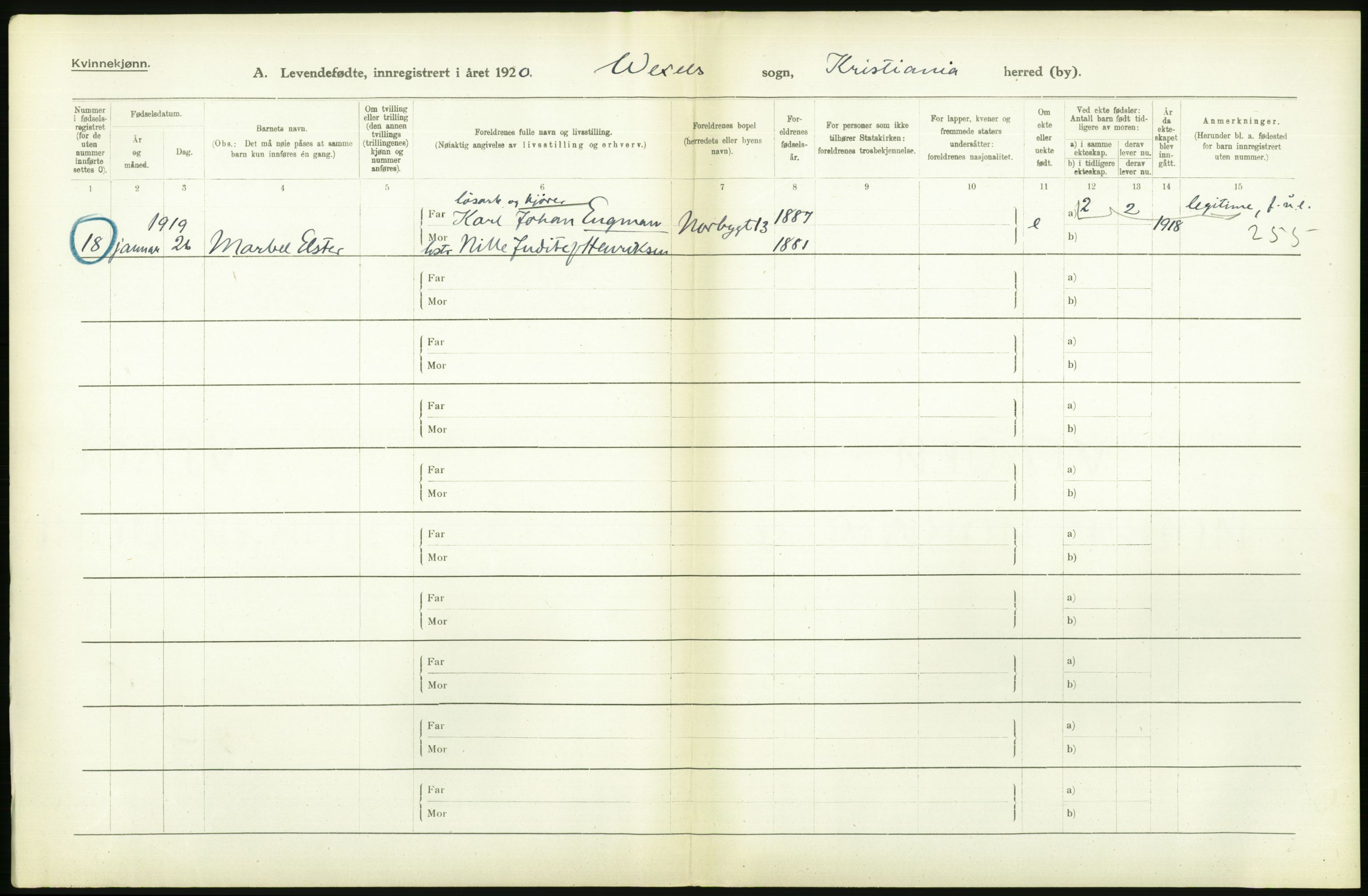 Statistisk sentralbyrå, Sosiodemografiske emner, Befolkning, AV/RA-S-2228/D/Df/Dfb/Dfbj/L0008: Kristiania: Levendefødte menn og kvinner., 1920, s. 312