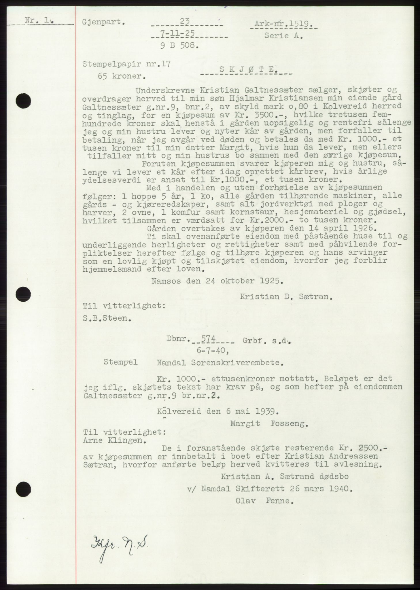 Namdal sorenskriveri, SAT/A-4133/1/2/2C: Pantebok nr. -, 1922-1925, Tingl.dato: 07.11.1925
