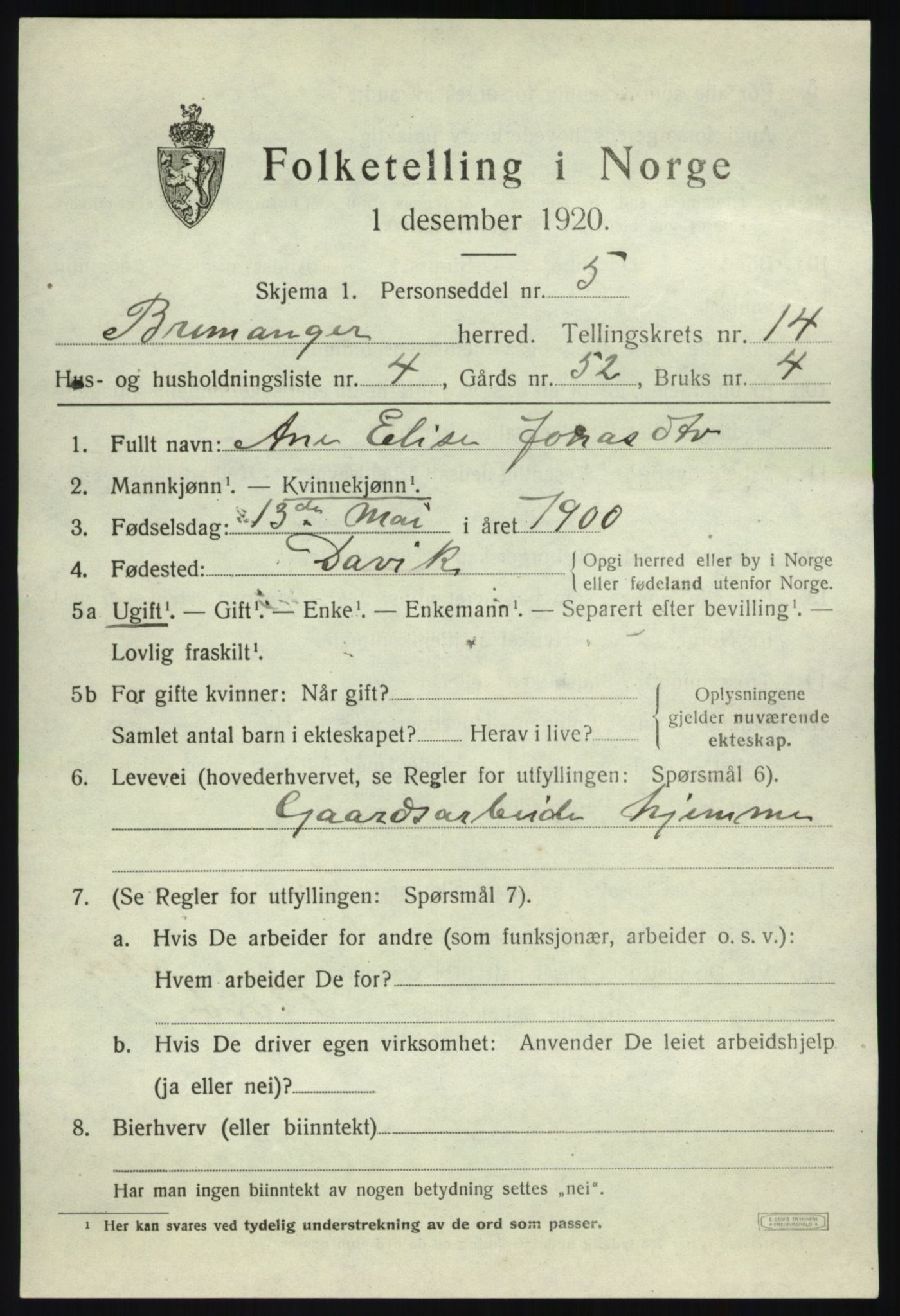 SAB, Folketelling 1920 for 1438 Bremanger herred, 1920, s. 7094