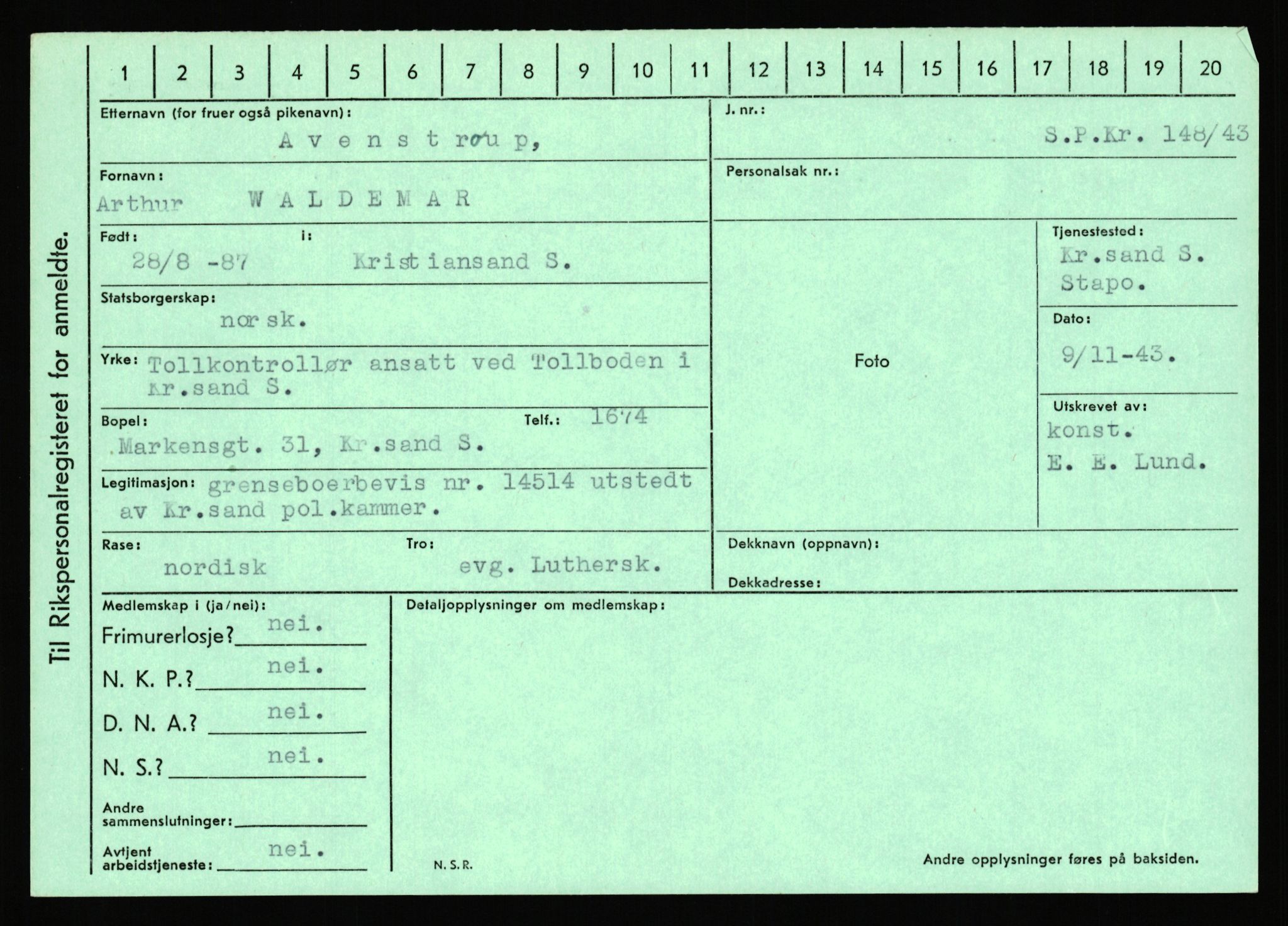 Statspolitiet - Hovedkontoret / Osloavdelingen, AV/RA-S-1329/C/Ca/L0002: Arneberg - Brand, 1943-1945, s. 807