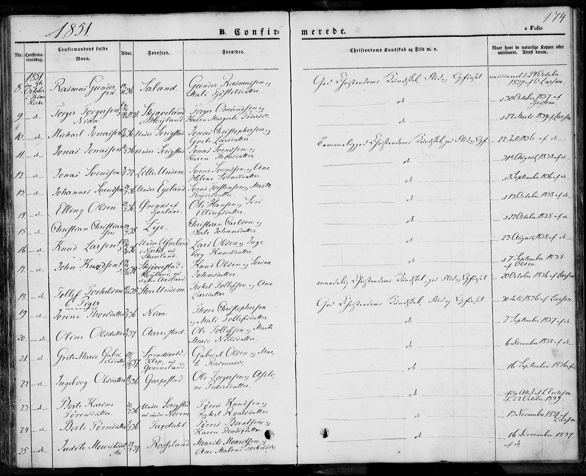 Lye sokneprestkontor, AV/SAST-A-101794/001/30BA/L0005: Ministerialbok nr. A 5.1, 1842-1855, s. 174