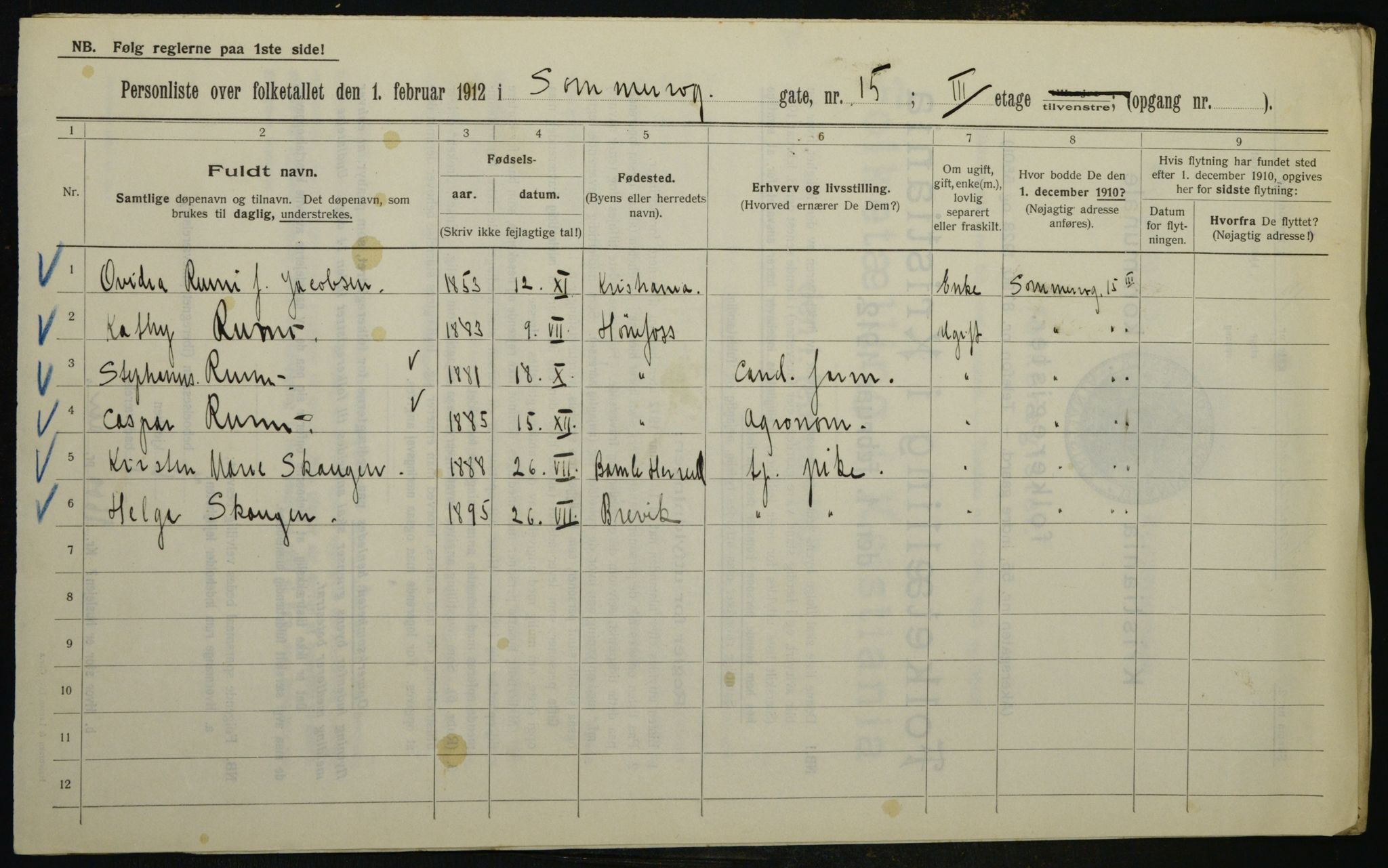 OBA, Kommunal folketelling 1.2.1912 for Kristiania, 1912, s. 100058