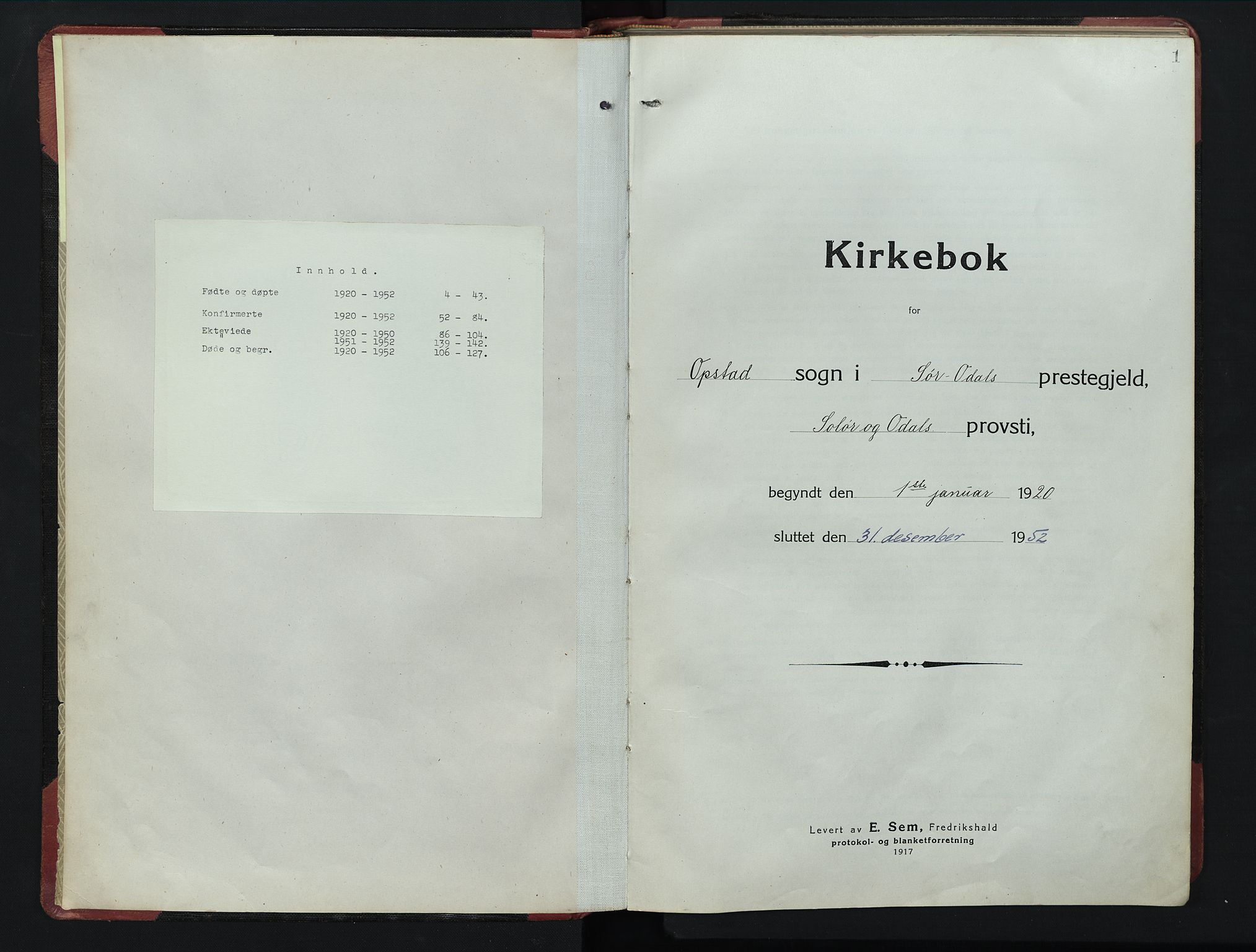 Sør-Odal prestekontor, SAH/PREST-030/H/Ha/Hab/L0010: Klokkerbok nr. 10, 1920-1953, s. 1