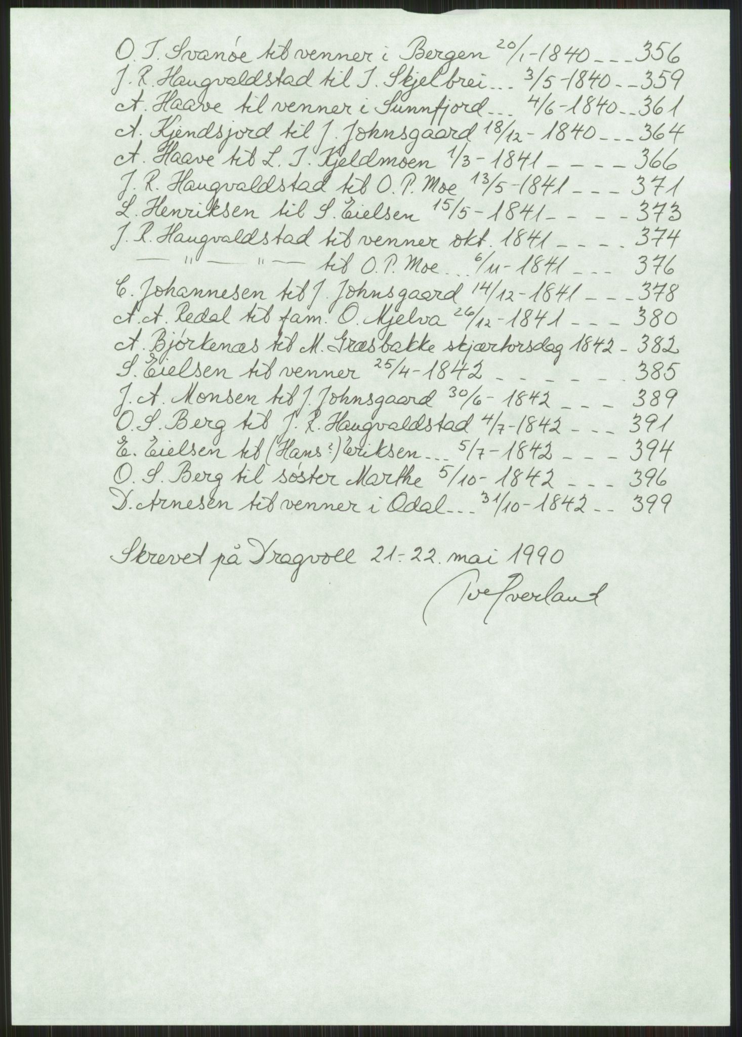 Samlinger til kildeutgivelse, Haugianerbrev, AV/RA-EA-6834/F/L0005: Haugianerbrev. Innholdsfortegnelse. Tillegg, 1760-1842, s. 43